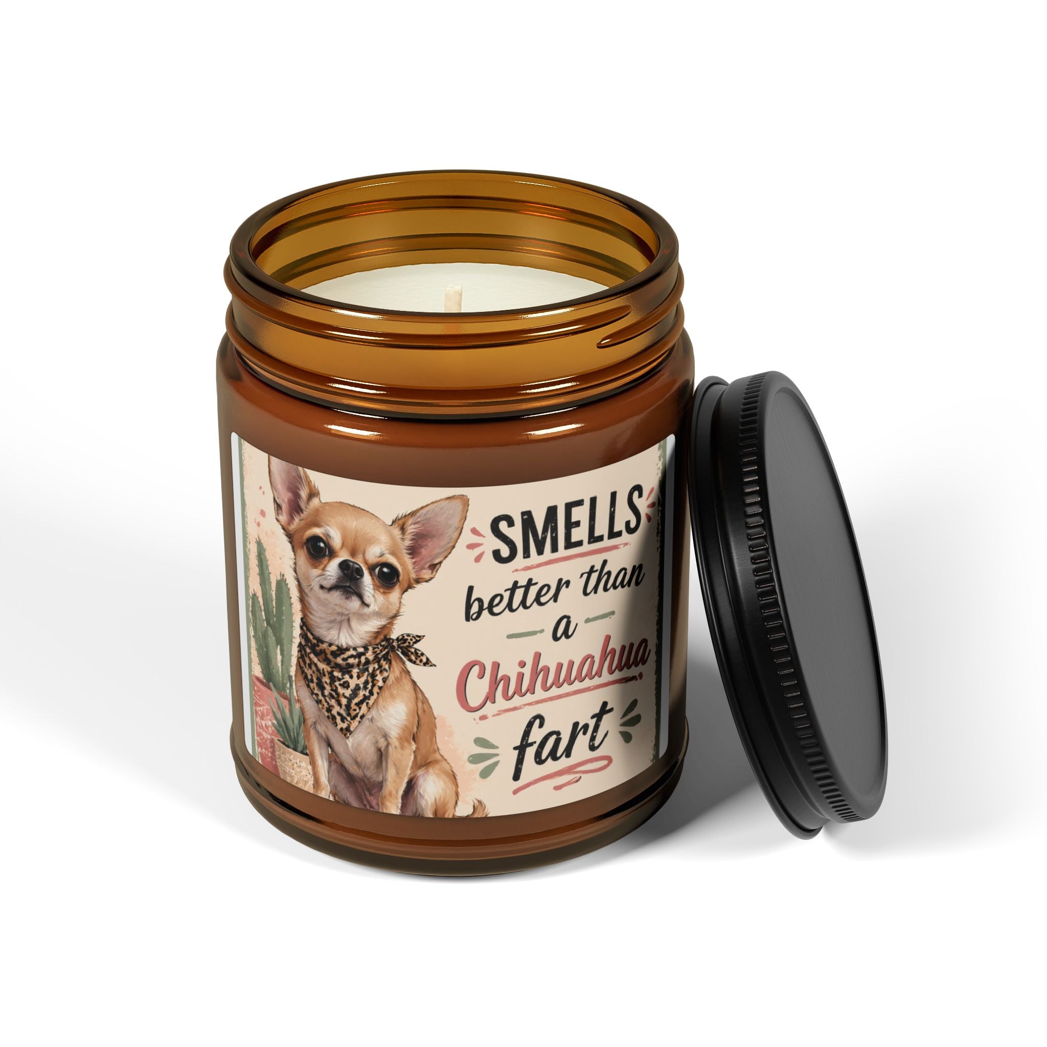 Chihuahua Candle — 'Smells Better Than a Chihuahua Fart' Scented Soy Candle (Amber Jar)