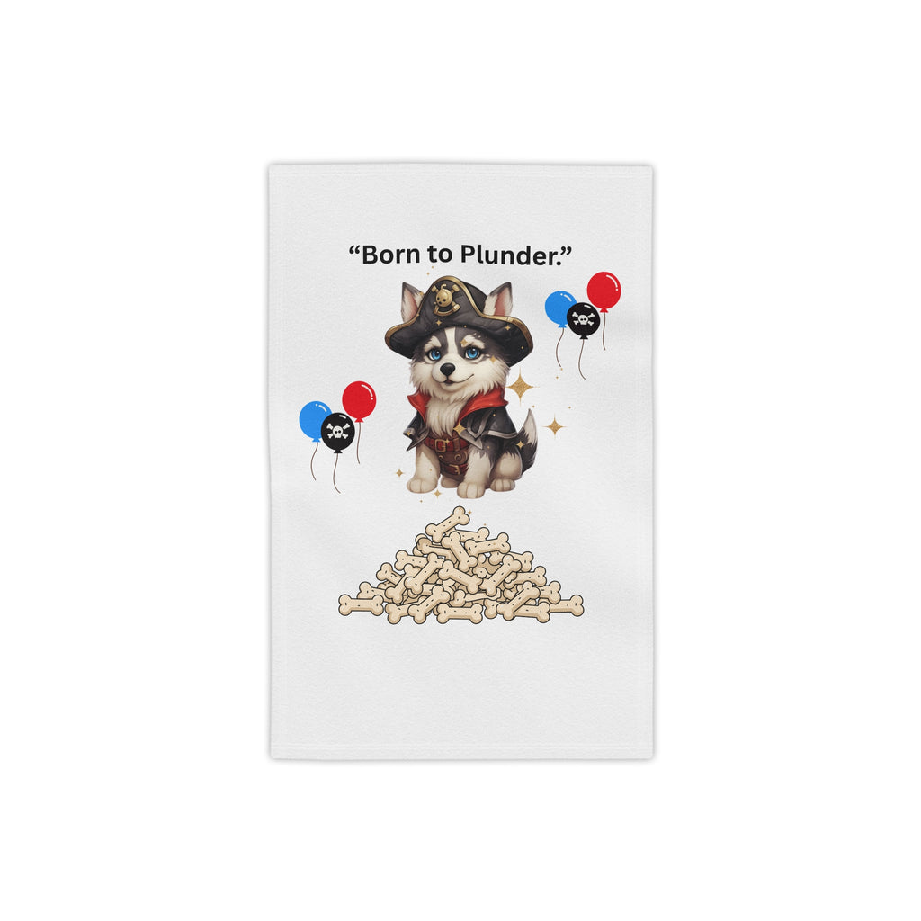 Born to Plunder Pirate Puppy Beach Towel — Cute Husky Pirate with Bones & Balloons