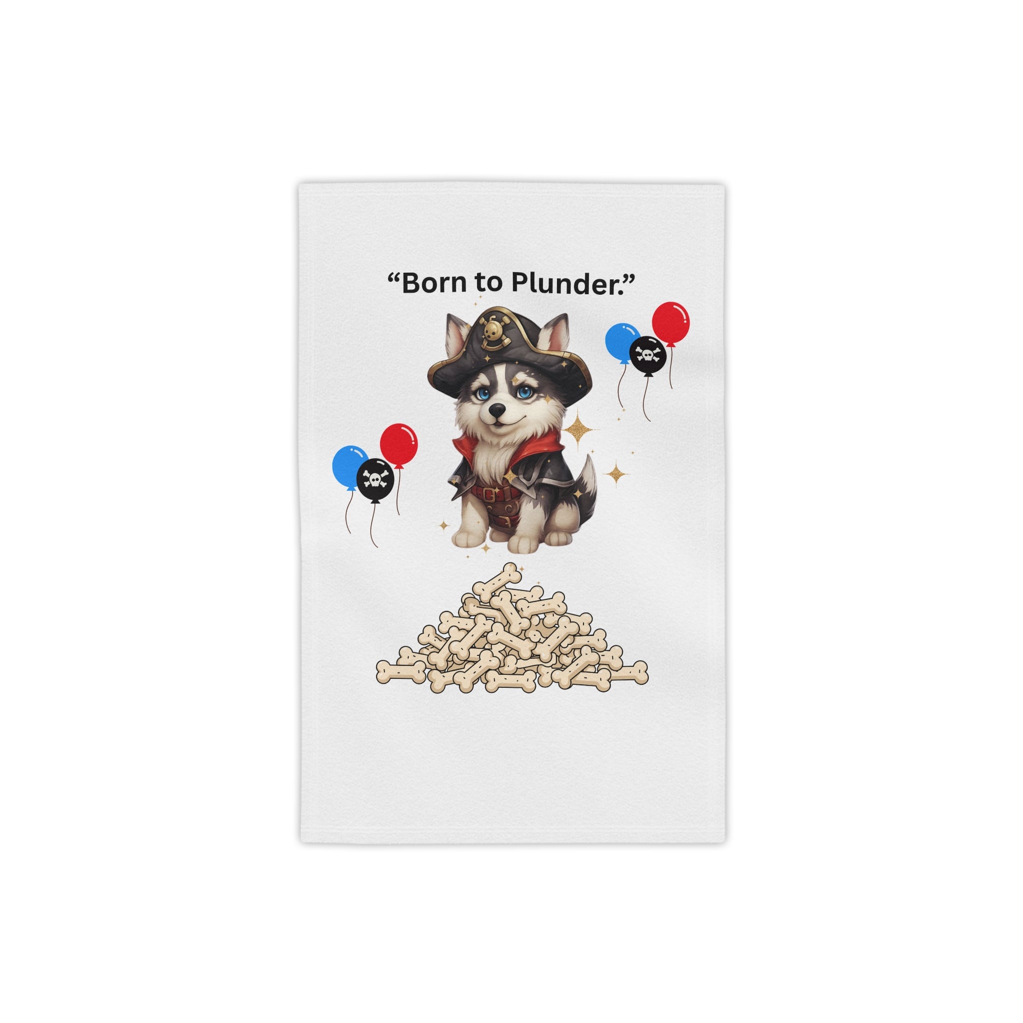 Born to Plunder Pirate Puppy Beach Towel — Cute Husky Pirate with Bones & Balloons