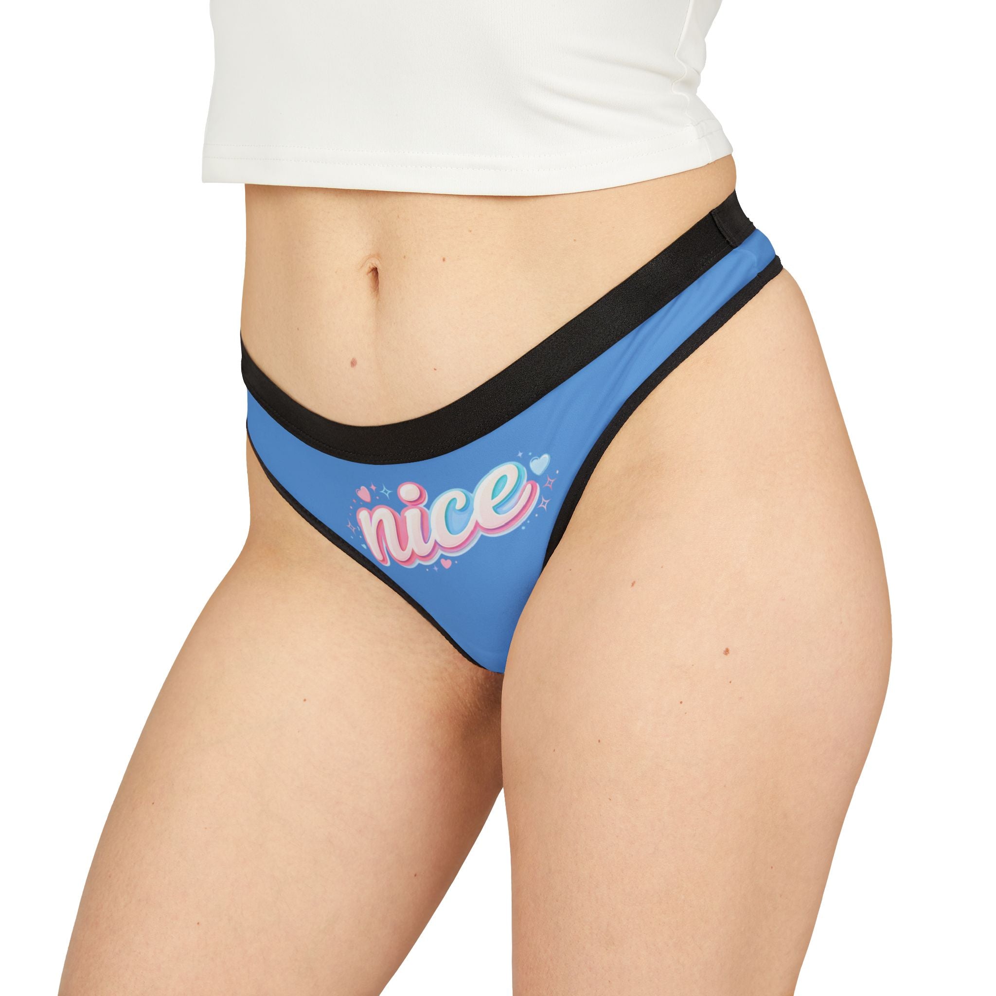 Women's Thong Underwear — Blue 'Nice' Graphic Cotton-Blend Panties