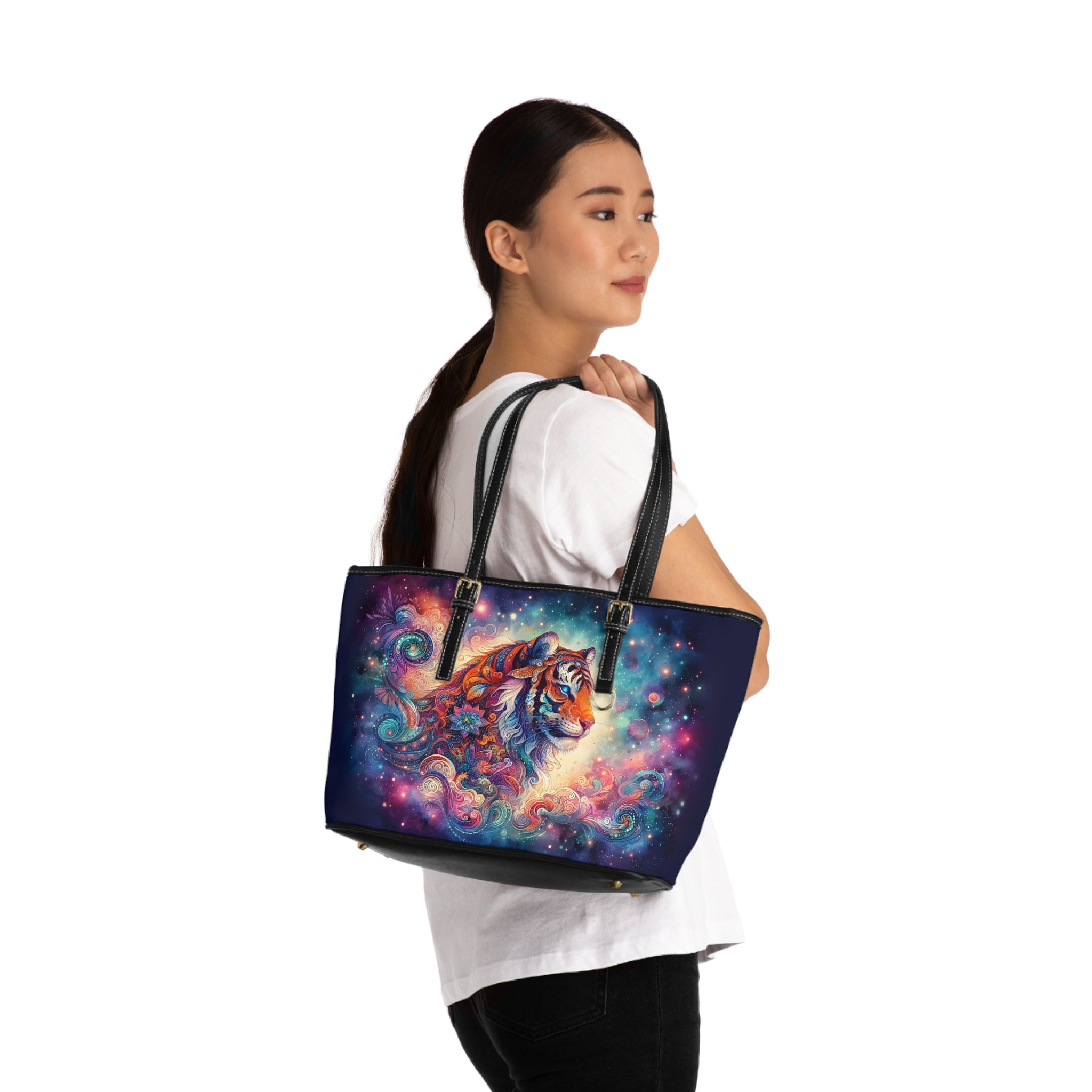 Cosmic Tiger PU Leather Shoulder Bag — Colorful Galaxy Animal Tote