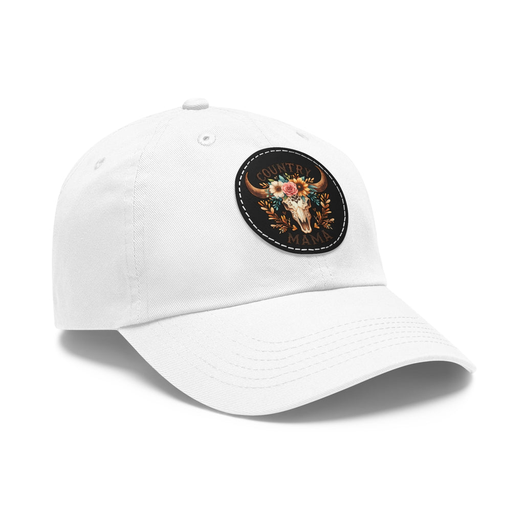 Country Mama Leather Patch Dad Hat — Floral Bull Skull Cap