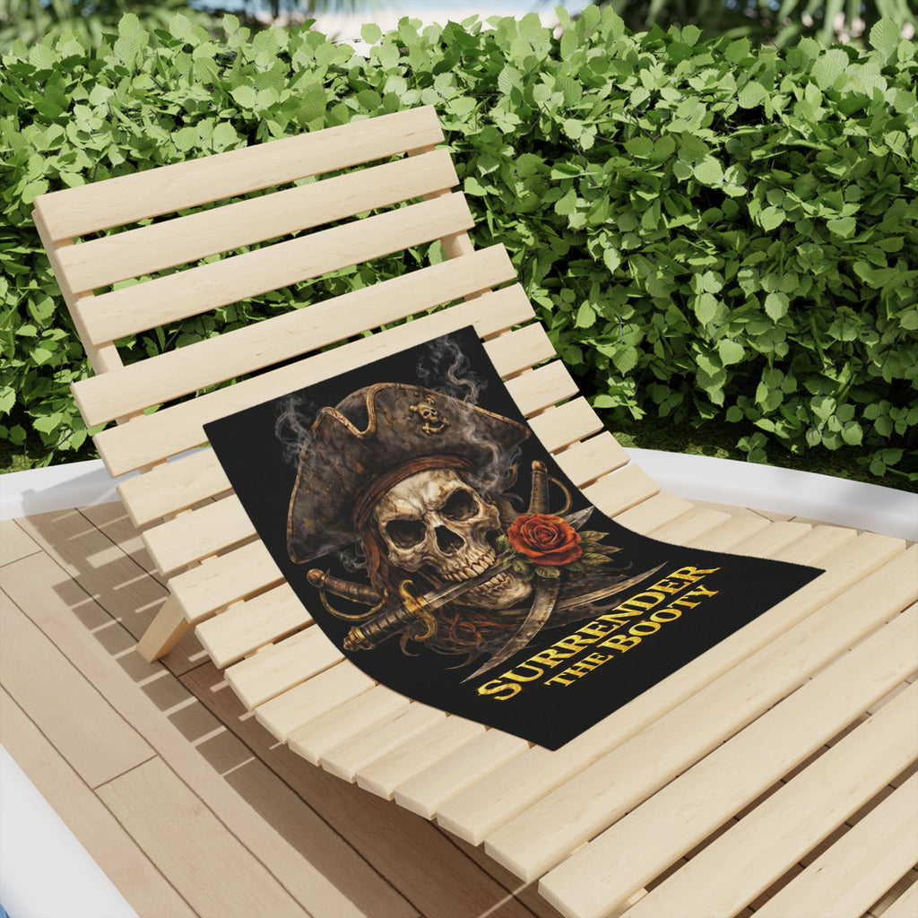 Pirate Skull Beach Towel — "Surrender the Booty" Nautical Pirate Decor
