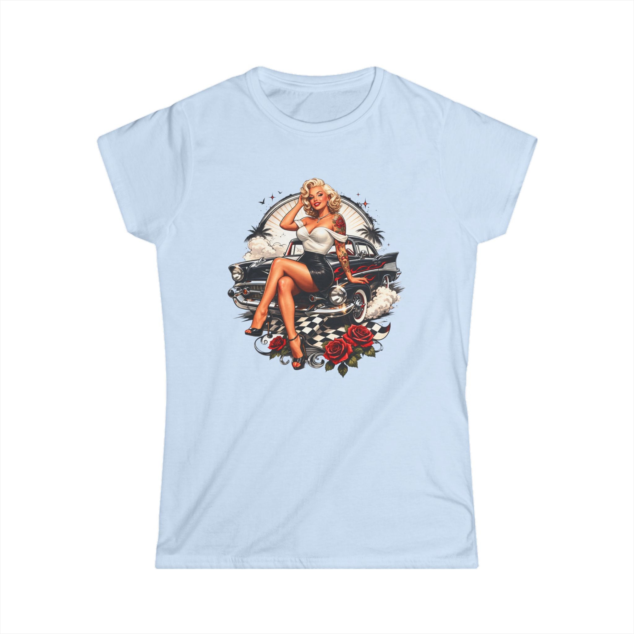 Pinup Car Girl T‑Shirt — Vintage Pin-Up Graphic Tee with Classic Car & Roses Ladies
