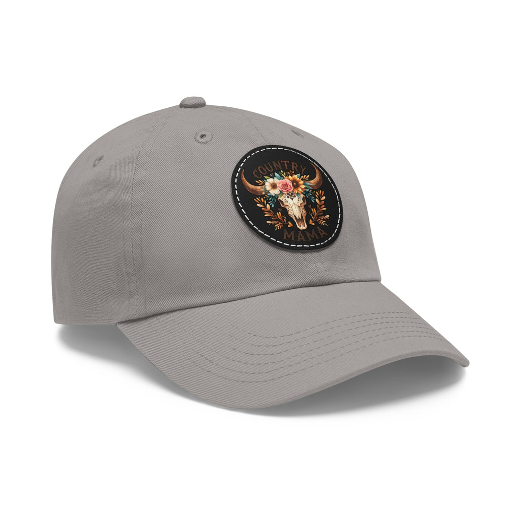 Country Mama Leather Patch Dad Hat — Floral Bull Skull Cap