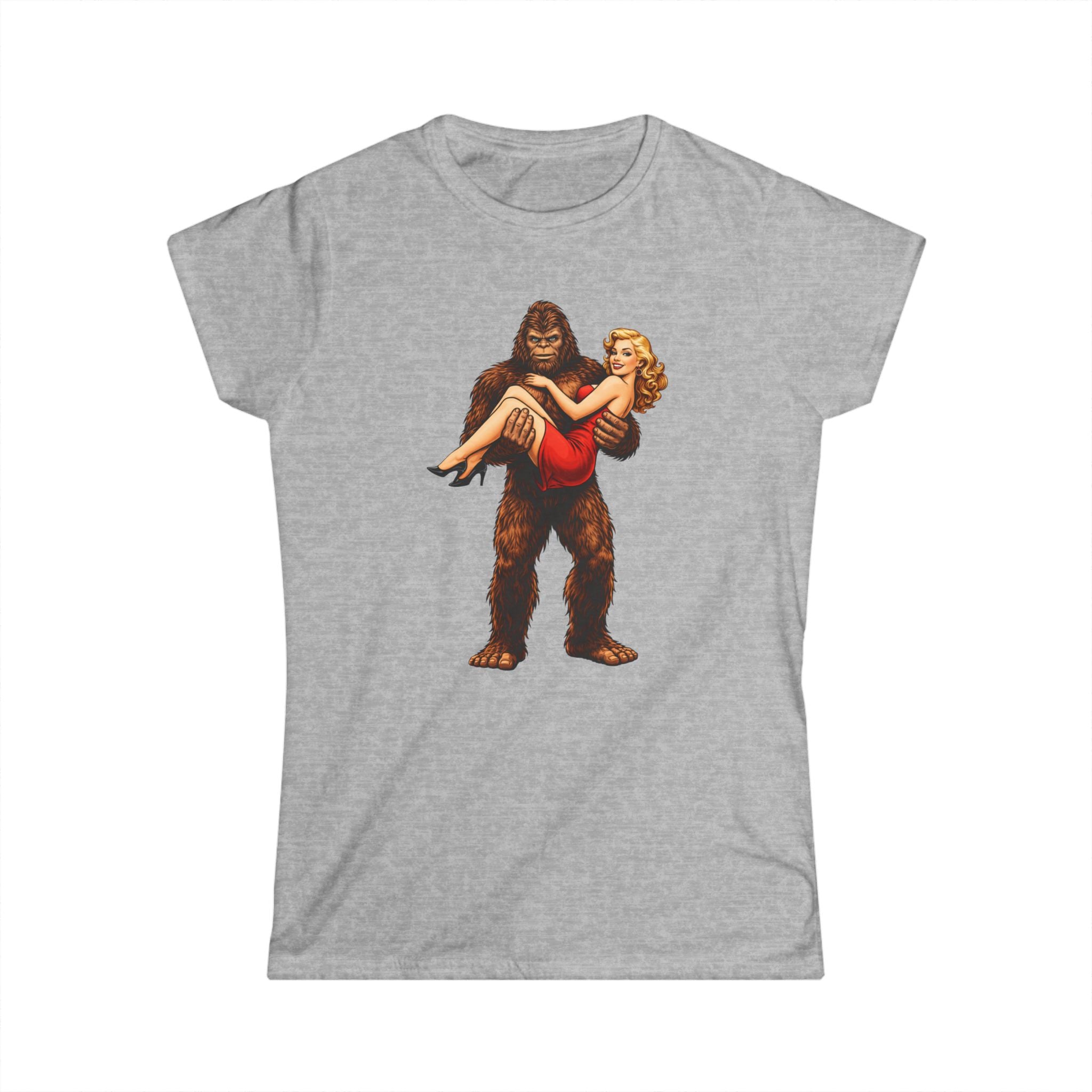 Bigfoot Carrying Pin-Up Girl T-Shirt — Retro Sasquatch Vintage Pinup Tee