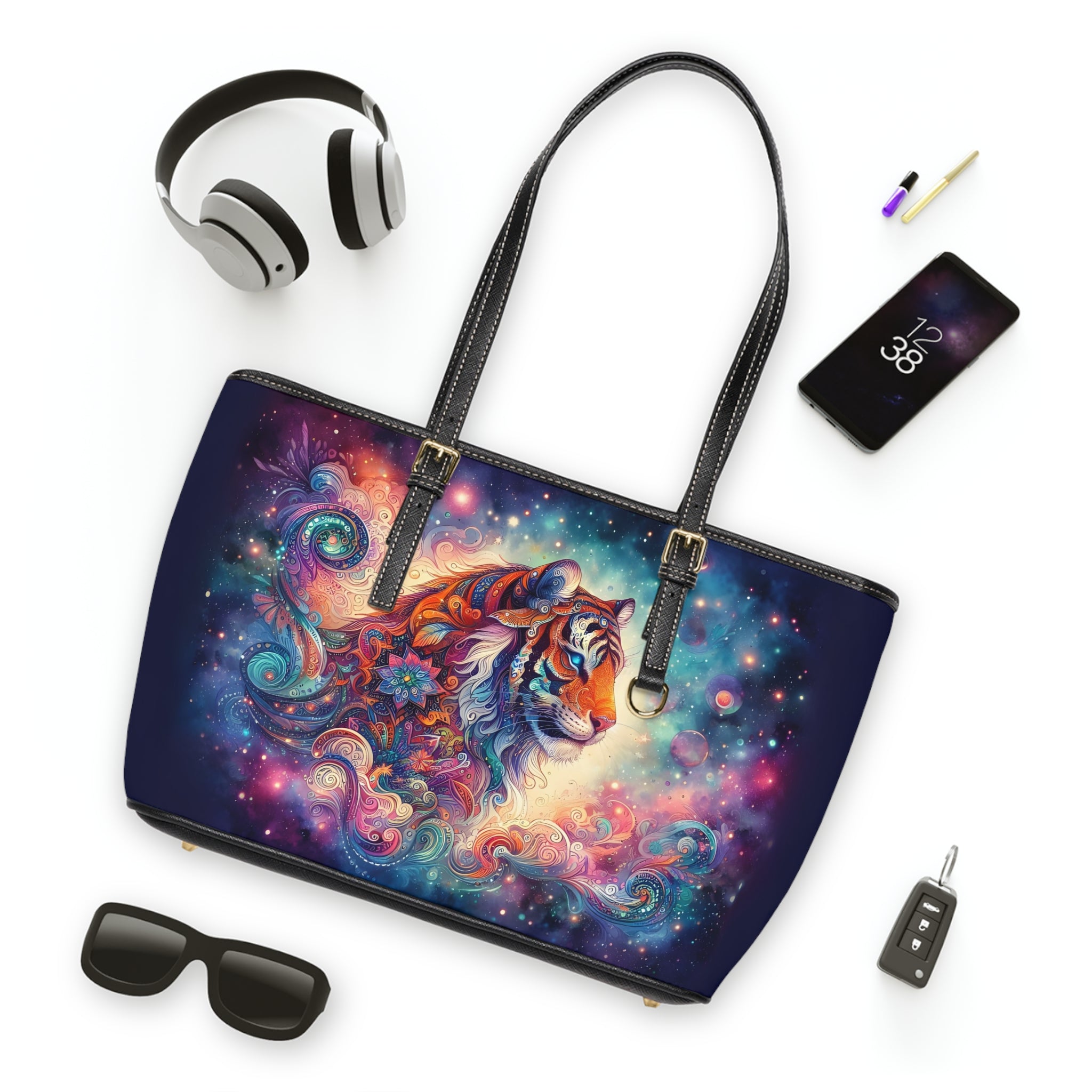 Cosmic Tiger PU Leather Shoulder Bag — Colorful Galaxy Animal Tote