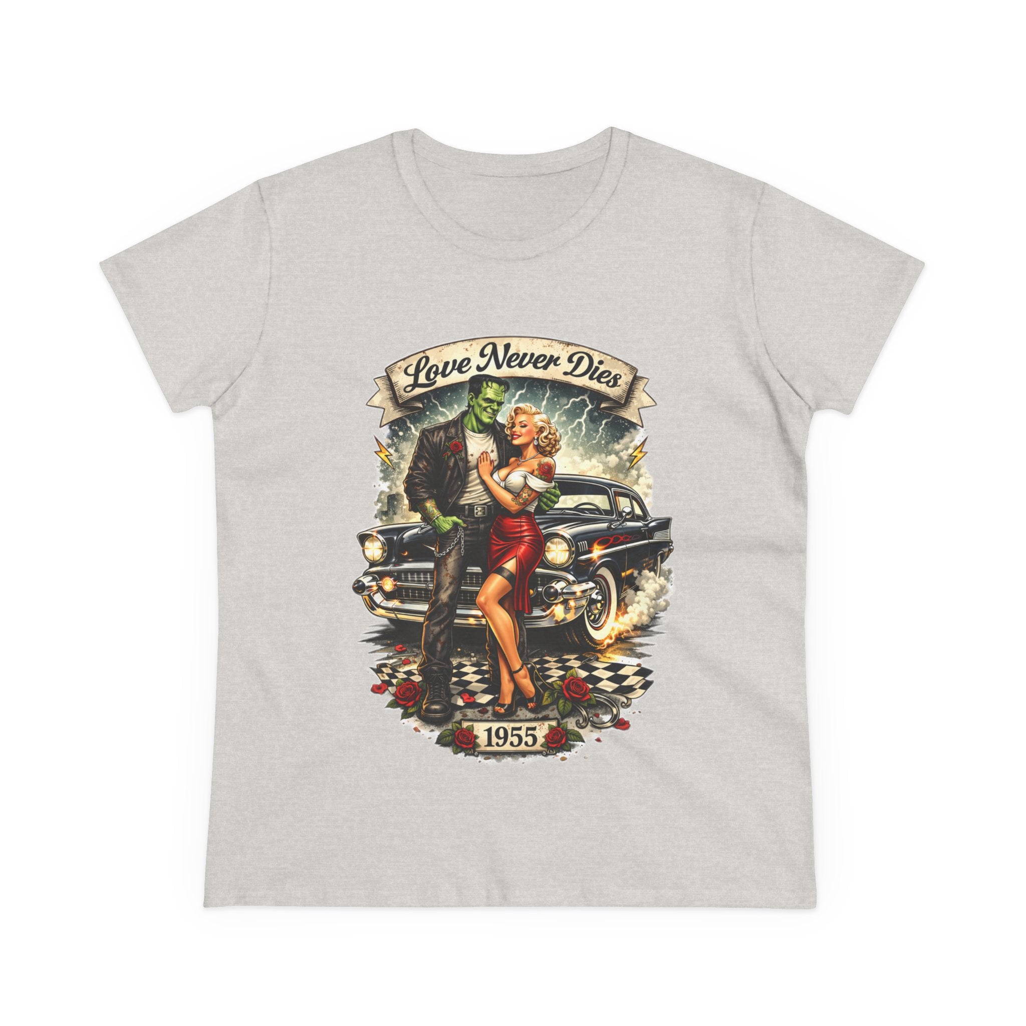1955 Pinup Car Tee – "Love Never Dies" Vintage Rockabilly T-Shirt  LADIES