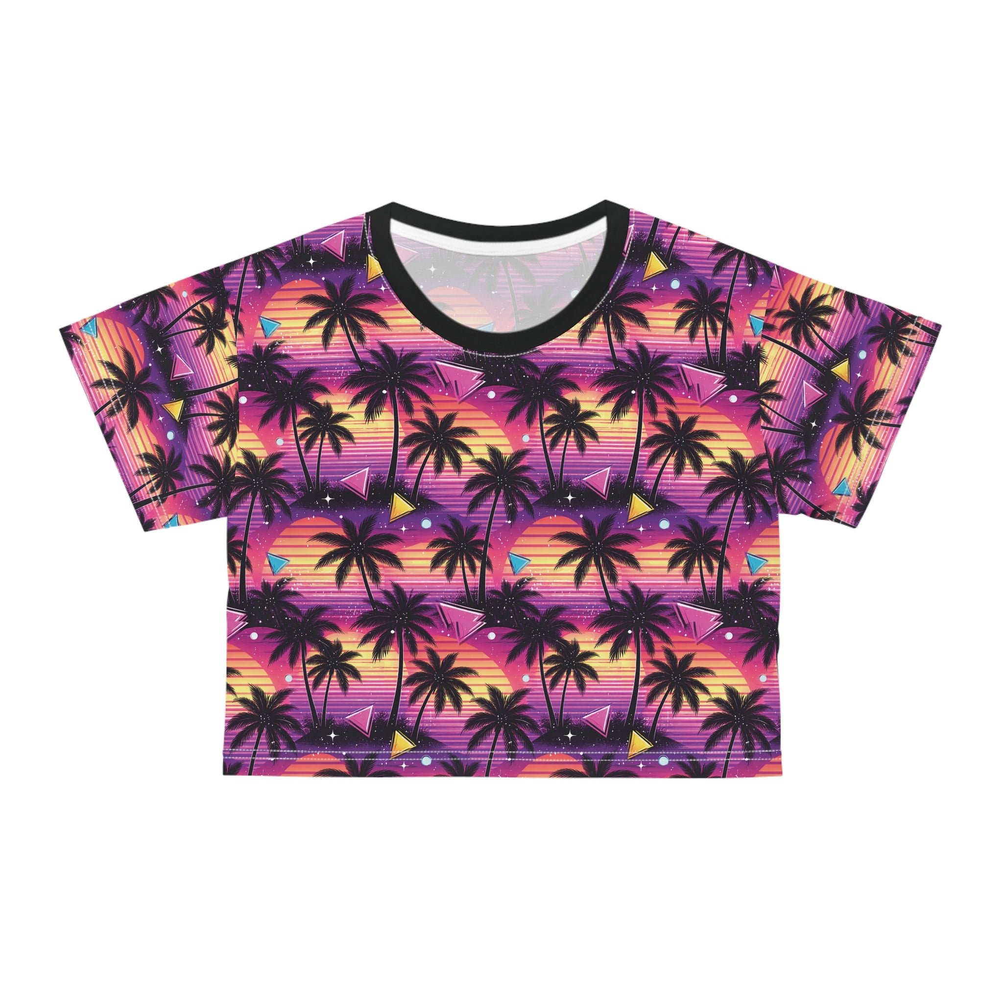 Tropical Sunset Palm Crop Tee — Retro Beach Palm Tree All-Over Print