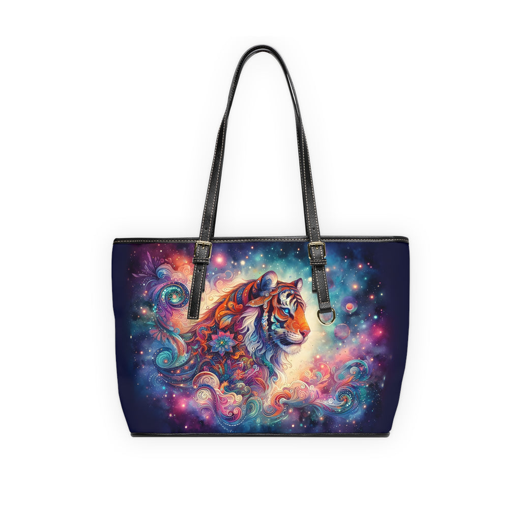 Cosmic Tiger PU Leather Shoulder Bag — Colorful Galaxy Animal Tote