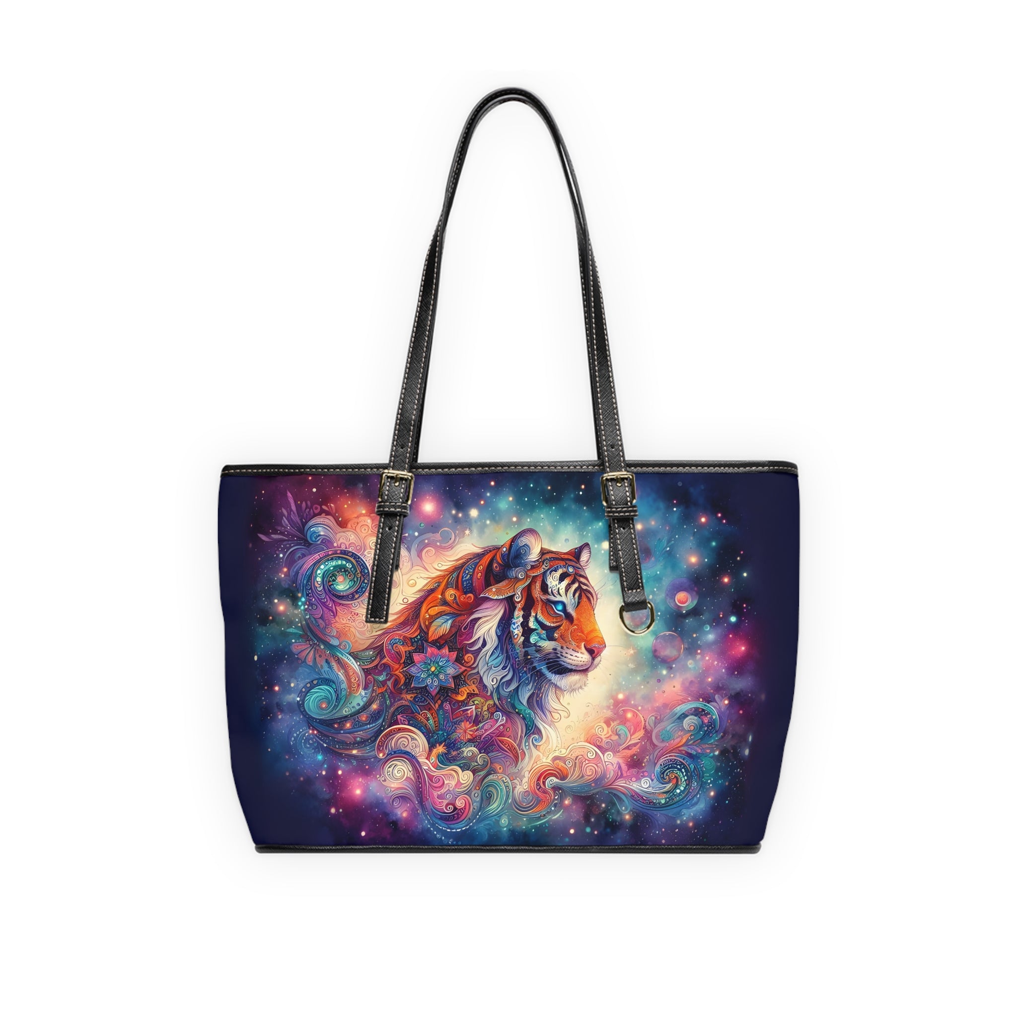 Cosmic Tiger PU Leather Shoulder Bag — Colorful Galaxy Animal Tote