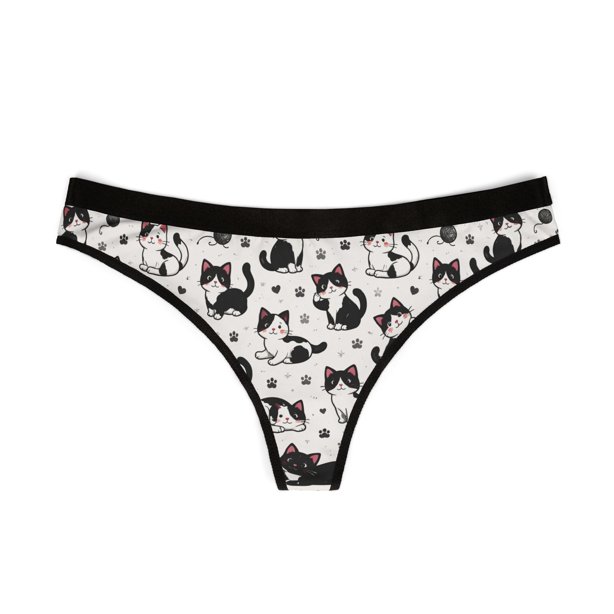 Cat Pattern Thong Panty — Cute Black & White Kitty Print