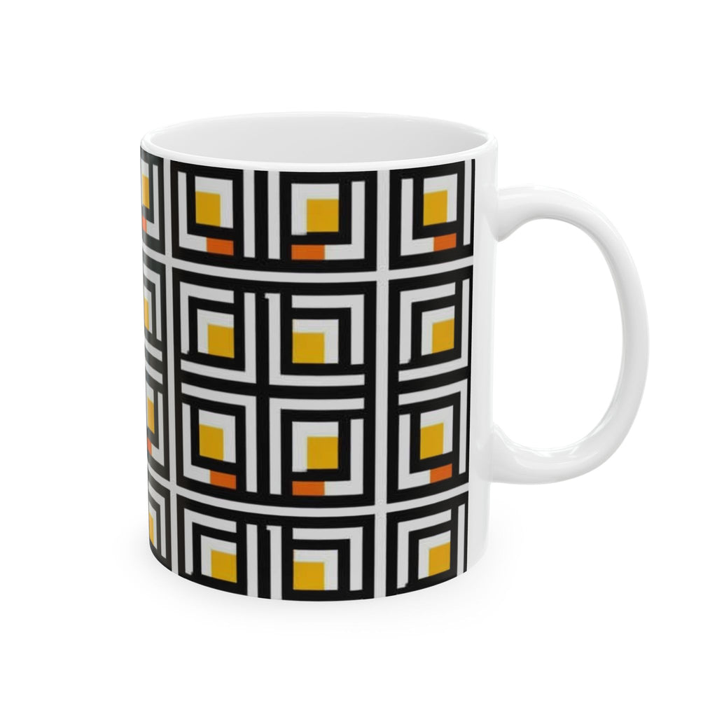 Vintage Elite Society Collection — Tile Ceramic Mug in Black, Yellow & Orange Pattern (11oz / 15oz)