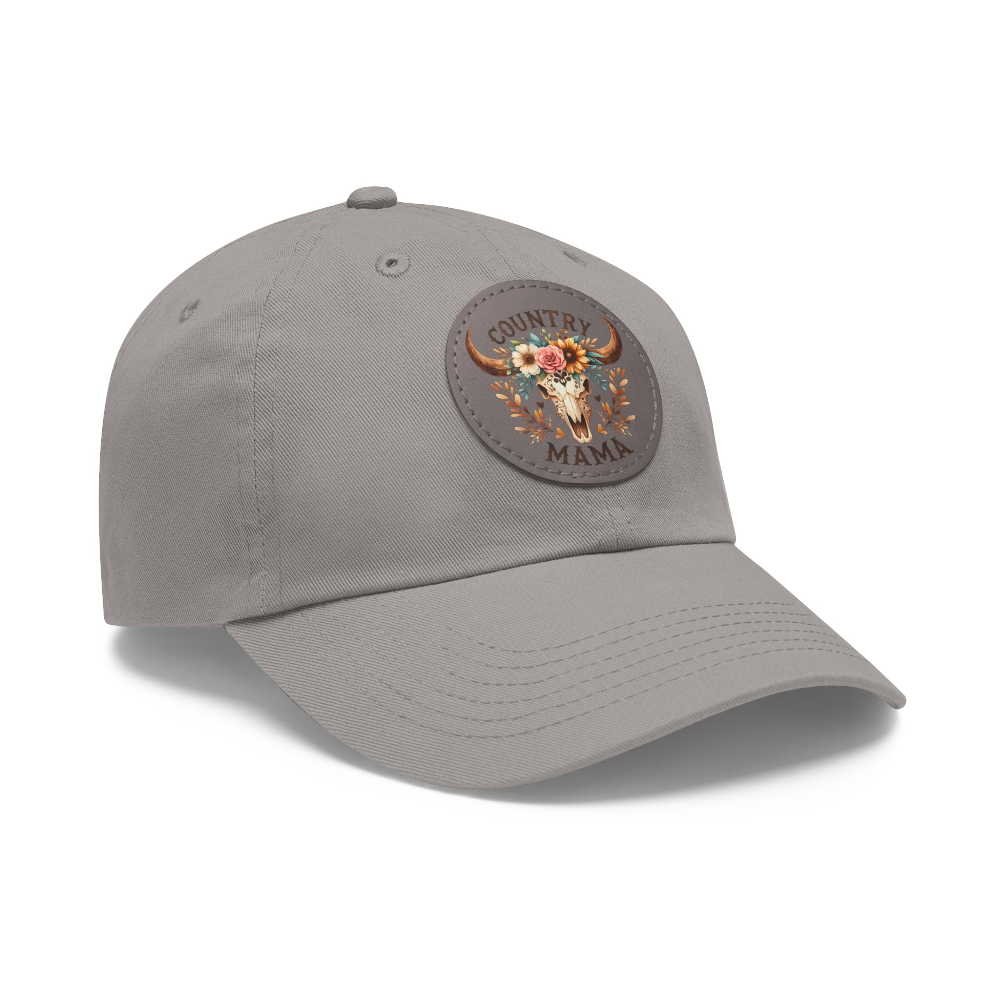 Country Mama Leather Patch Dad Hat — Floral Bull Skull Cap