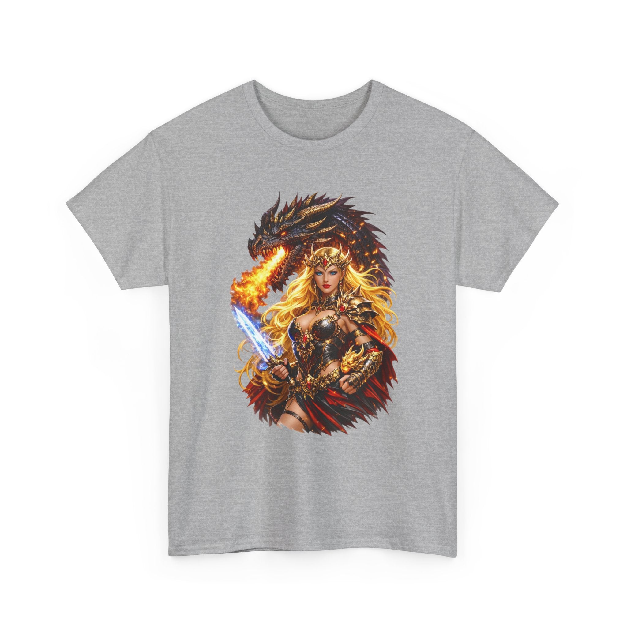 Fantasy Warrior  Fire born Goddess T-Shirt — Dragon & Sword Valkyrie Graphic Tee
