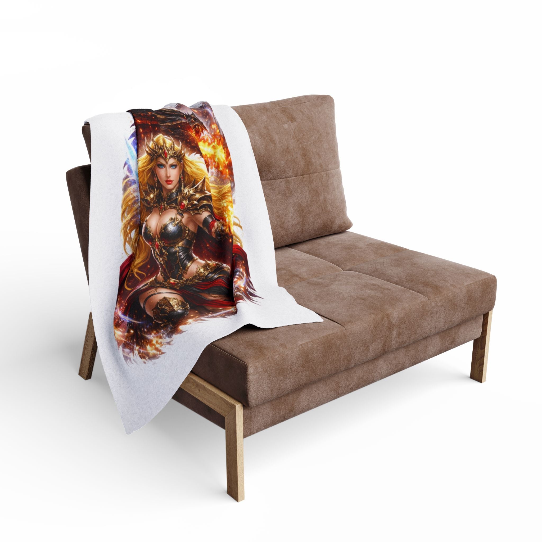 Dragon Warrior Fleece Blanket — Drusilla in Armor with Flaming Dragon