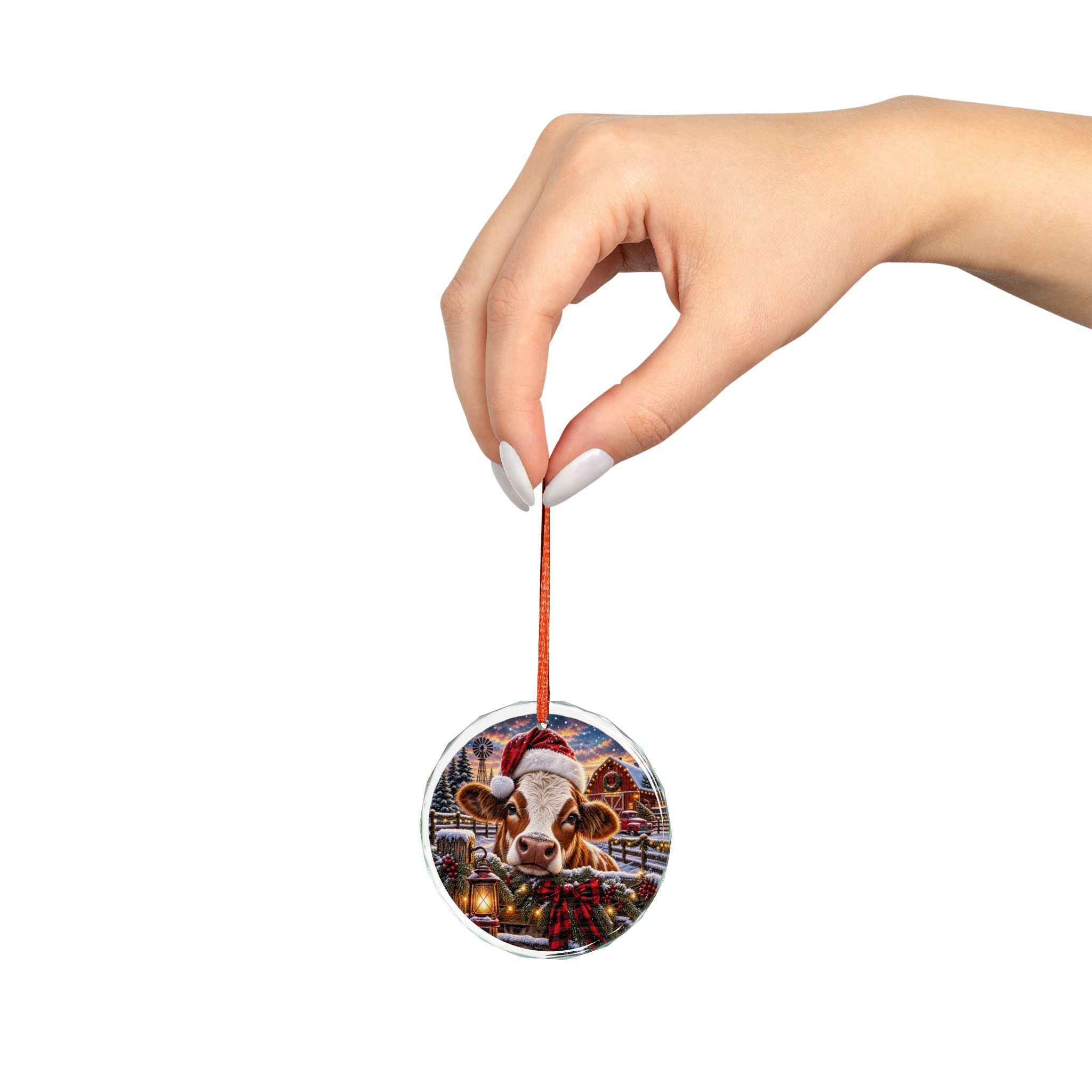 Farmhouse Cow Christmas Glass Ornament Festive Santa Hat Holiday Decor