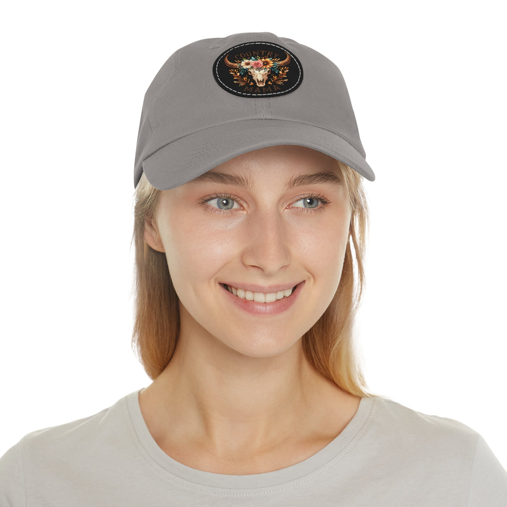 Country Mama Leather Patch Dad Hat — Floral Bull Skull Cap