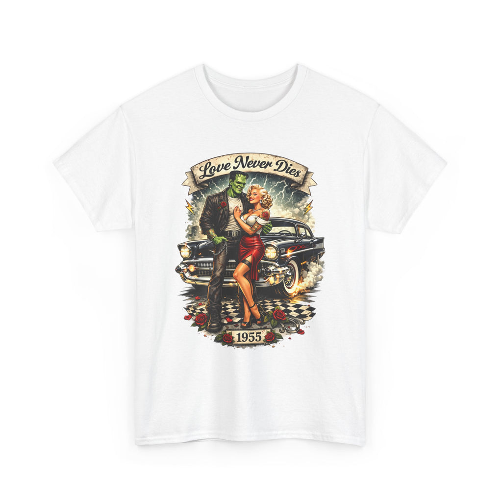 1950s Pinup Car Tee — "Love Never Dies" Vintage Rockabilly T-Shirt