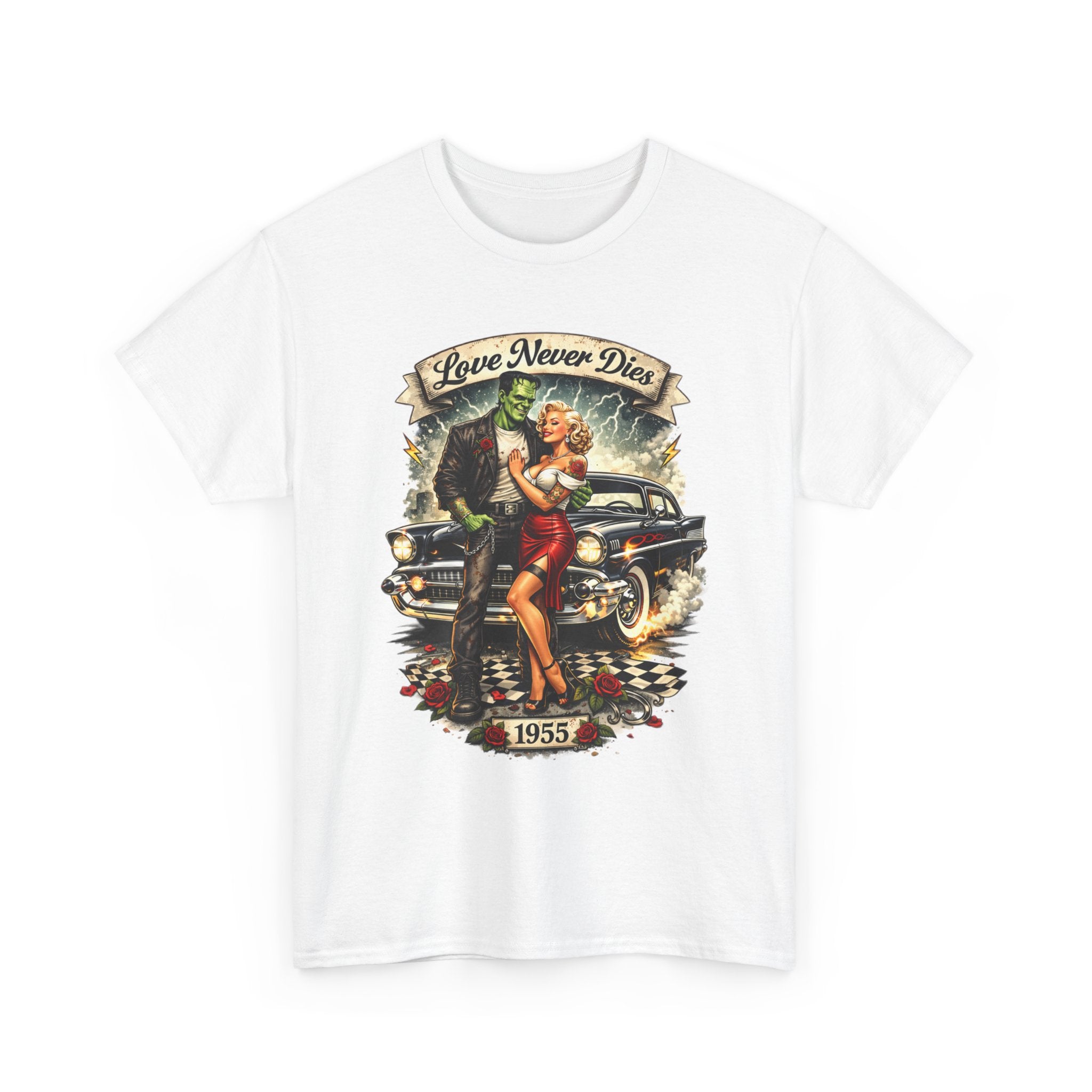 1950s Pinup Car Tee — "Love Never Dies" Vintage Rockabilly T-Shirt