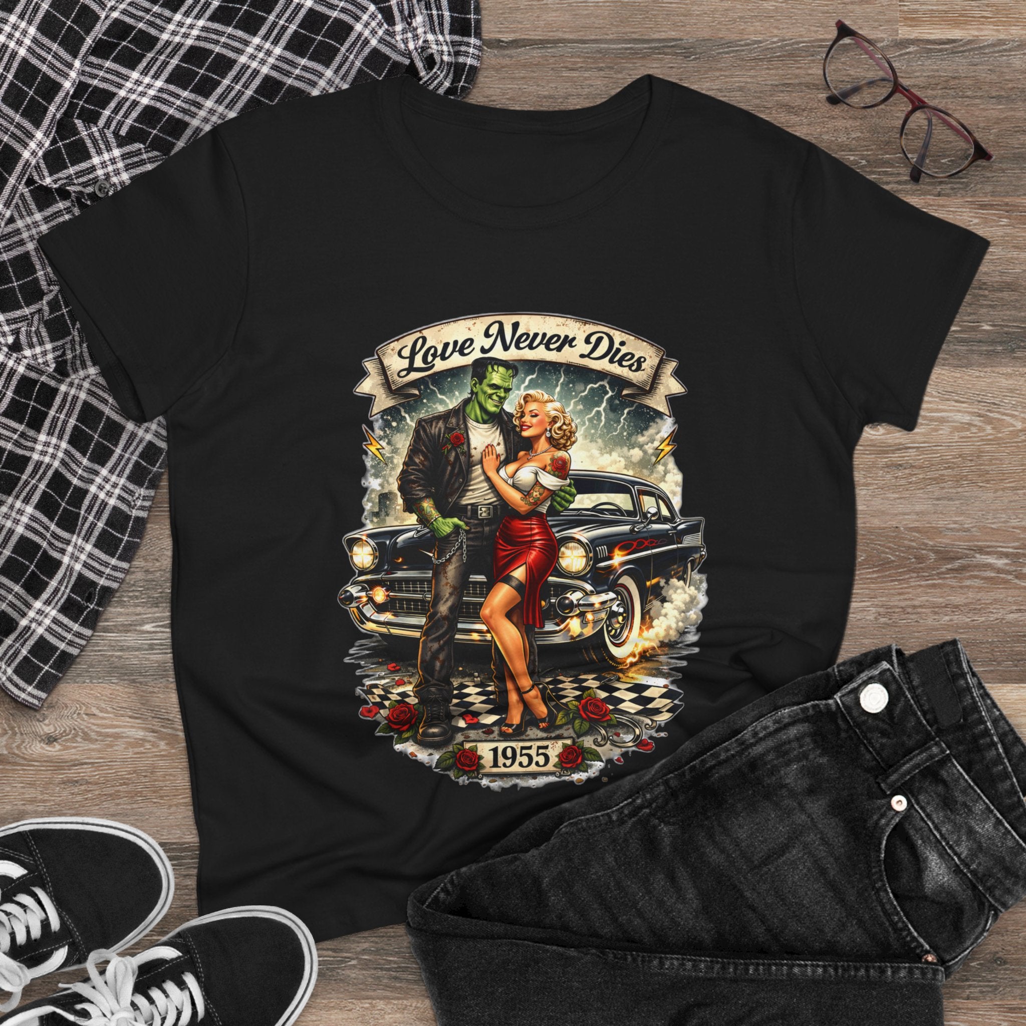 1955 Pinup Car Tee – "Love Never Dies" Vintage Rockabilly T-Shirt  LADIES