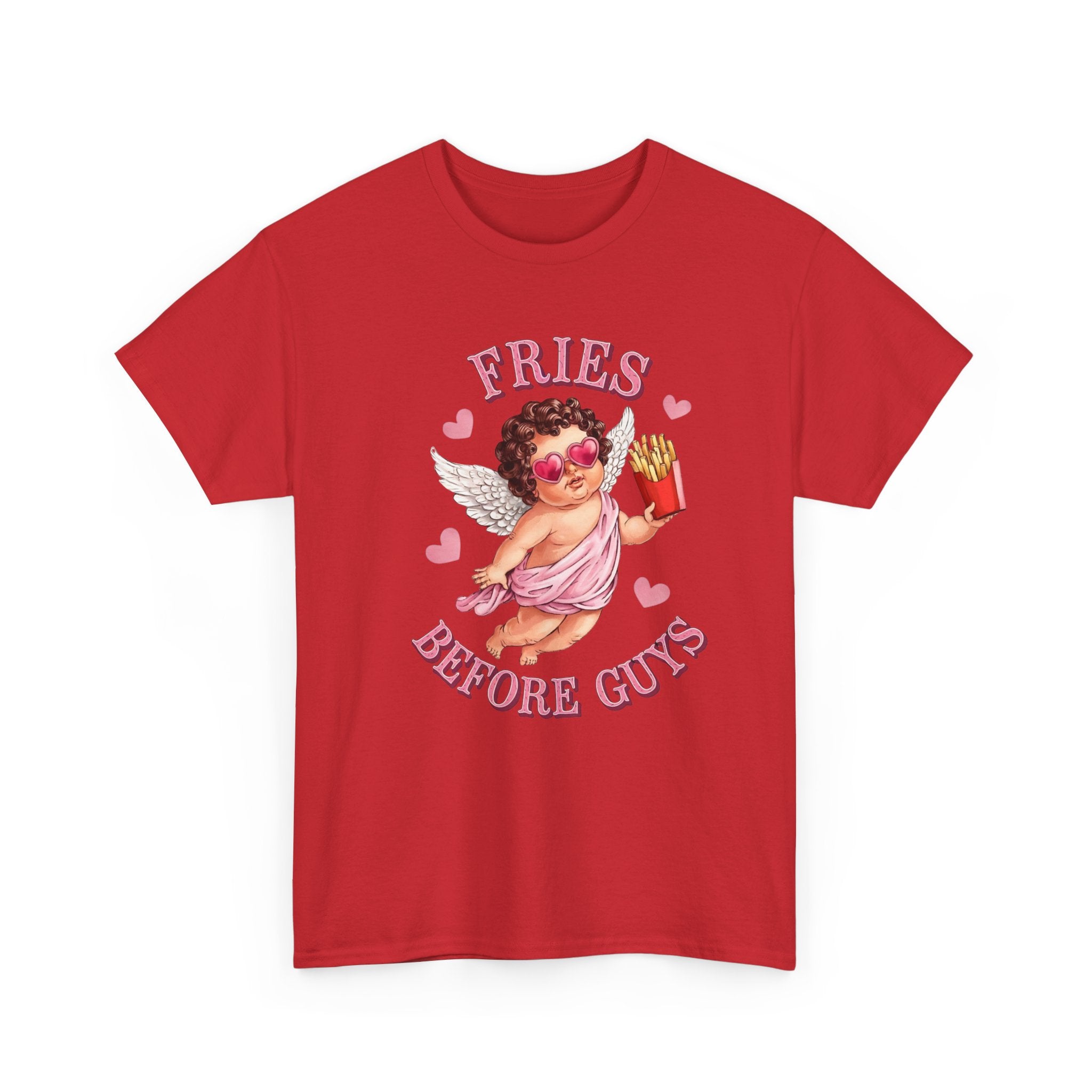 Fries Before Guys Valentine T‑Shirt — Cute Cupid with Fries Tee