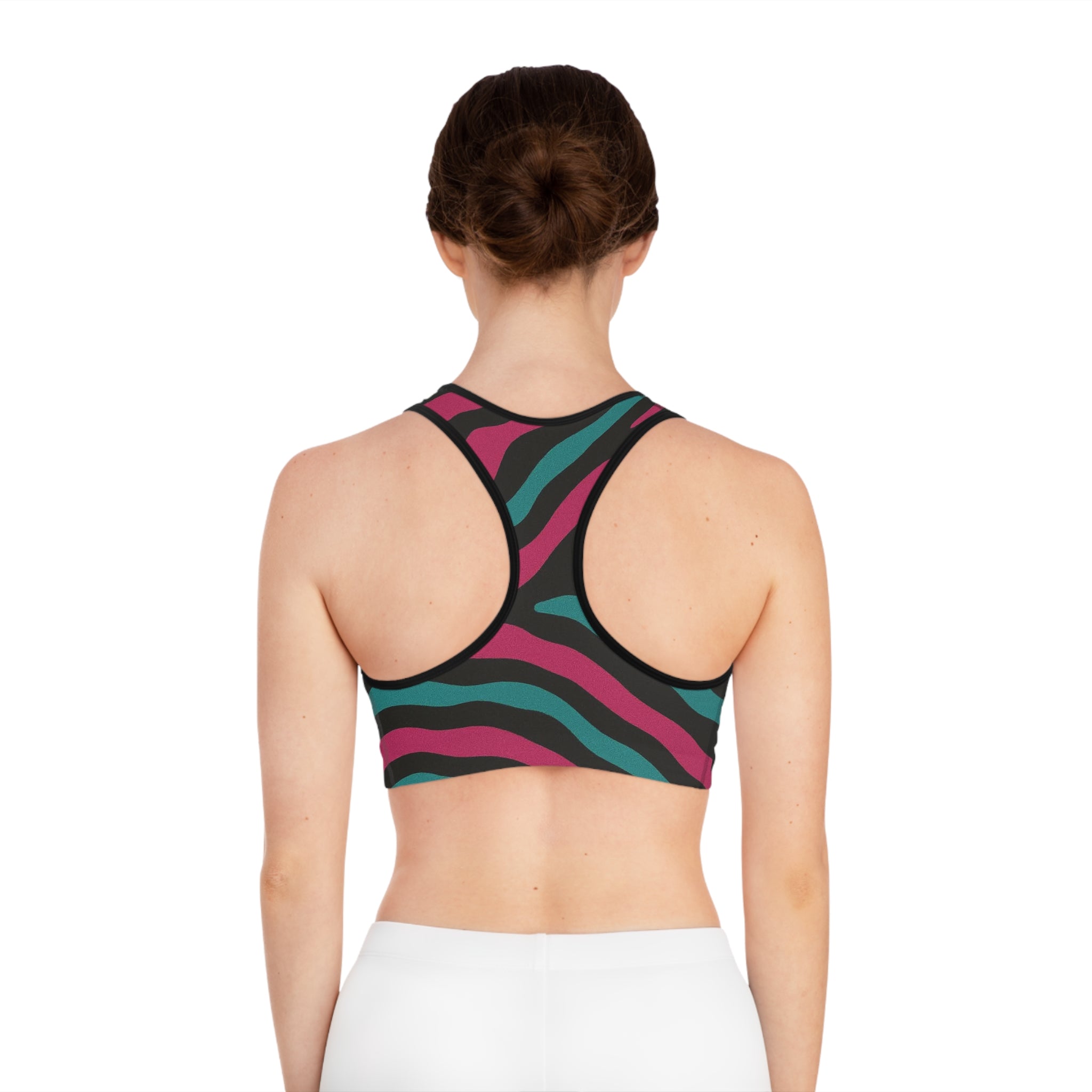 Bold Teal & Magenta Zebra Print Sports Bra – All-Over Print Workout Crop