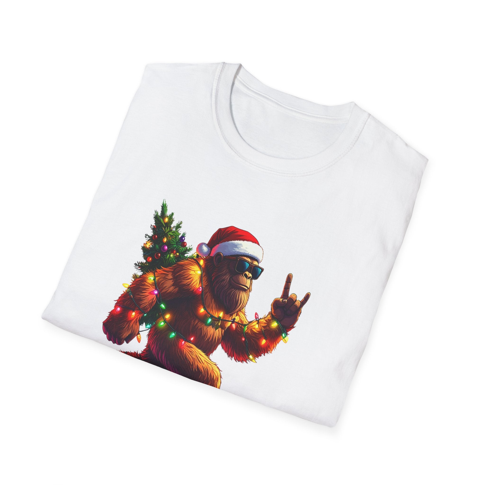 Christmas Sasquatch T-Shirt Festive Bigfoot with Santa Hat & Tree     Trendy TShirt