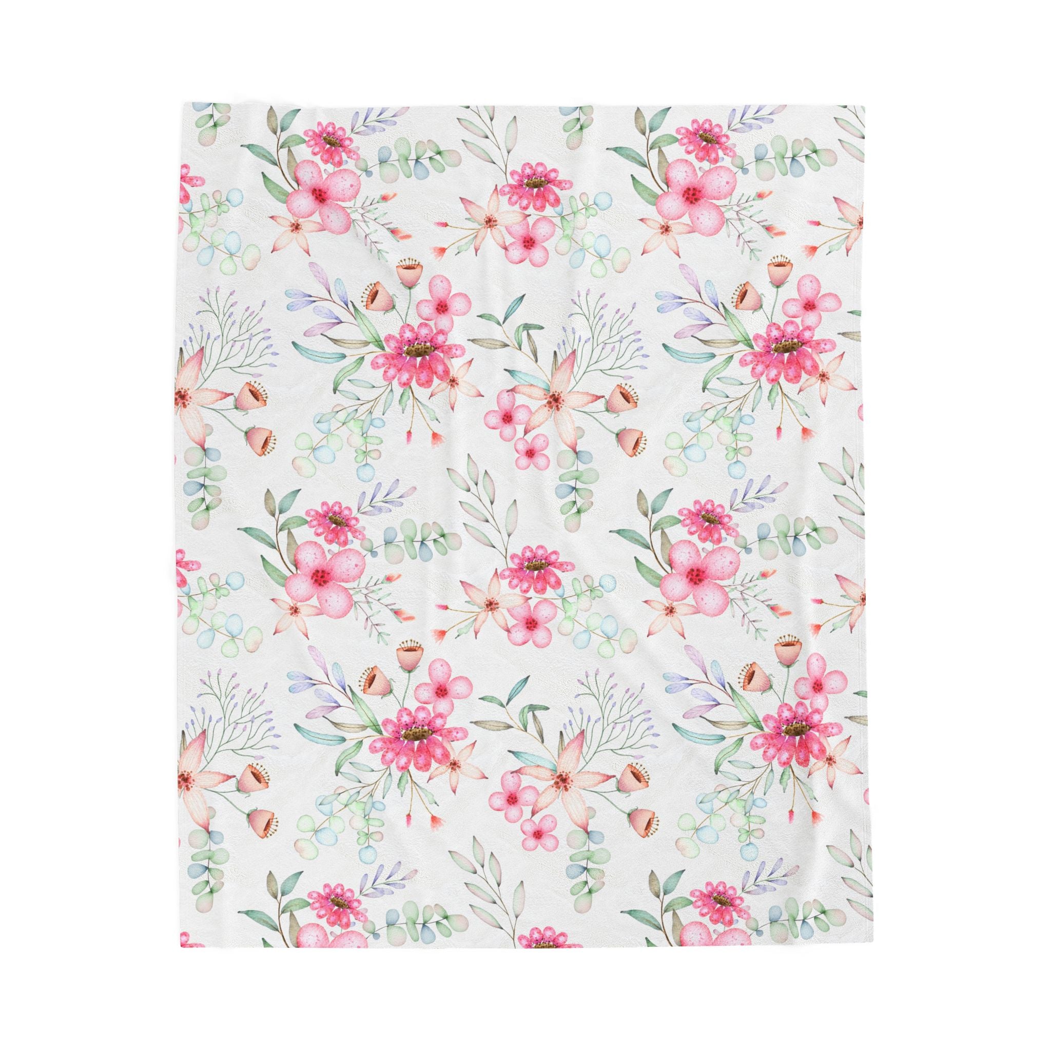 Floral Velveteen Plush Blanket — Soft Pink Watercolor Flowers Throw