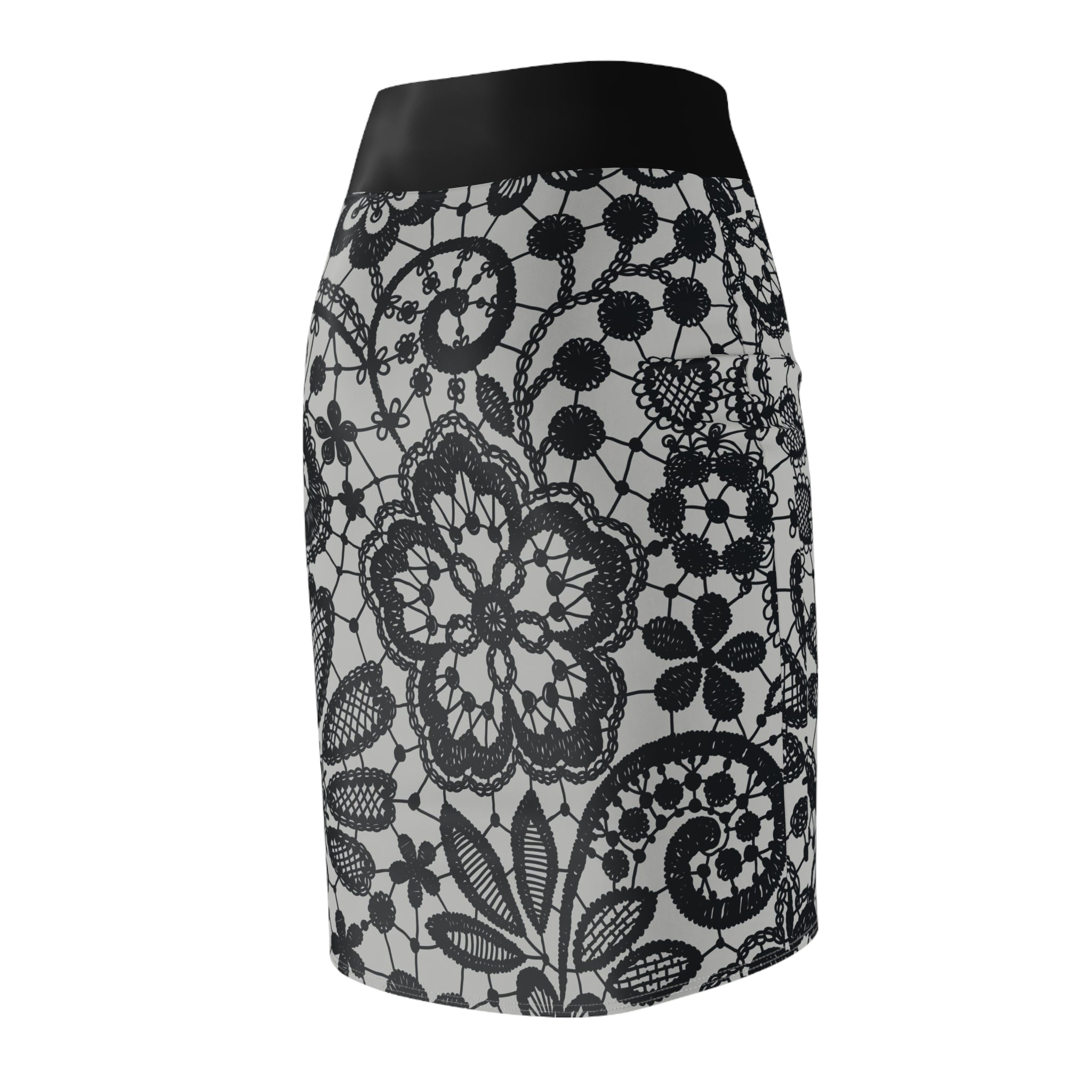 Lace Pattern Pencil Skirt — Elegant Black & White Floral Lace Print