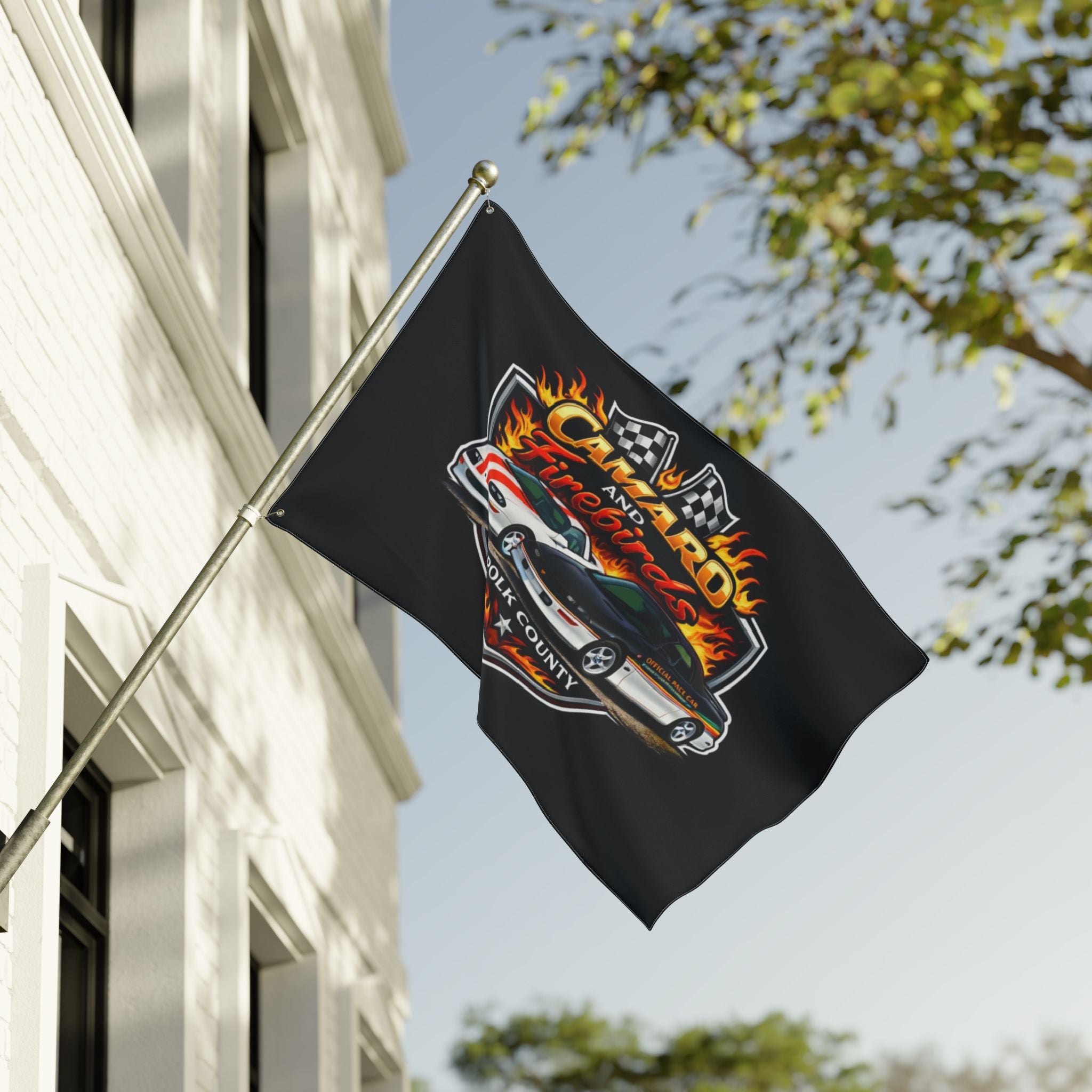 Camaro & Firebirds Double-Sided Car Flag — Polk County Racing Emblem
