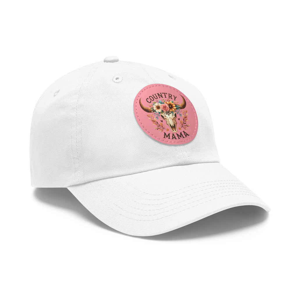 Country Mama Leather Patch Dad Hat — Floral Bull Skull Cap