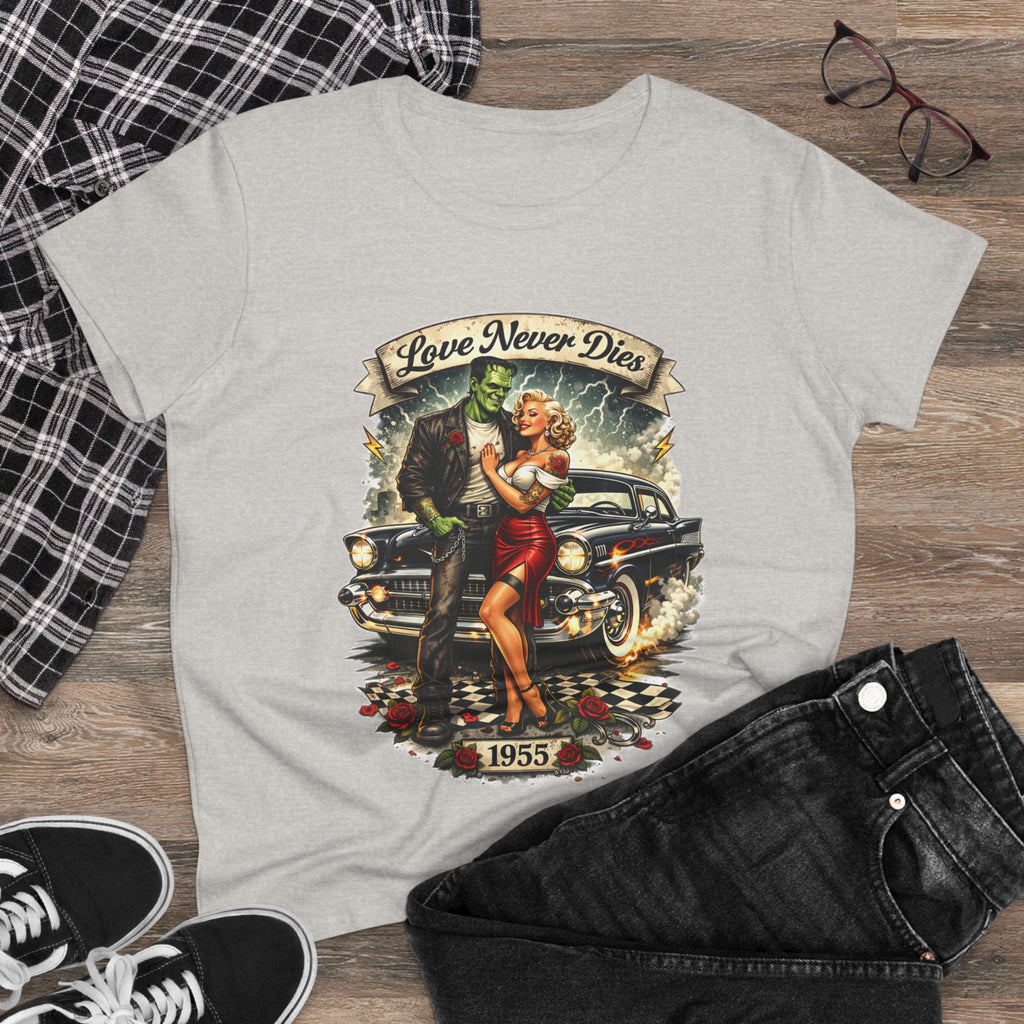 1955 Pinup Car Tee – "Love Never Dies" Vintage Rockabilly T-Shirt  LADIES