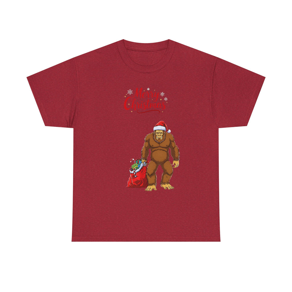 Christmas Sasquatch T-Shirt — "Merry Christmas" Bigfoot with Santa Hat & Gift Sack