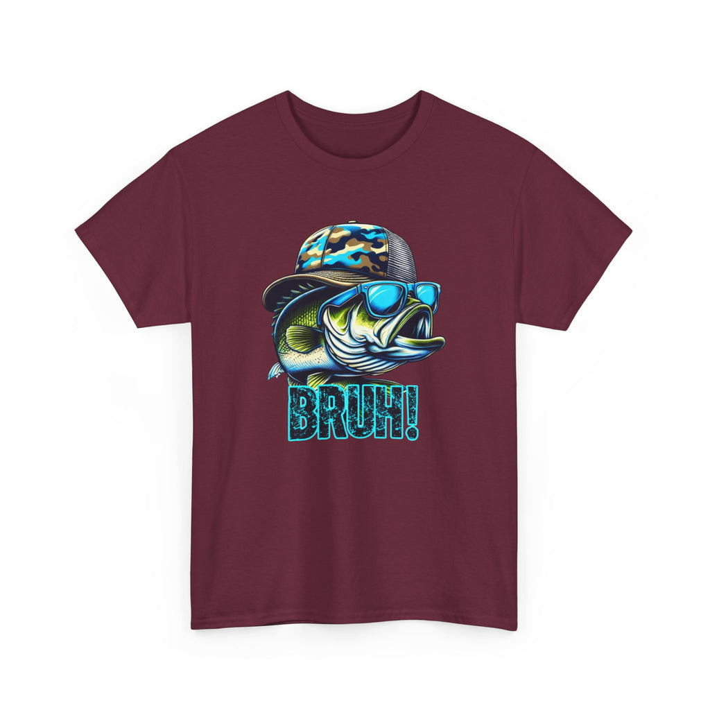 Fishing Fish Graphic Tee — 'BRUH!' Bass with Camo Hat & Sunglasses