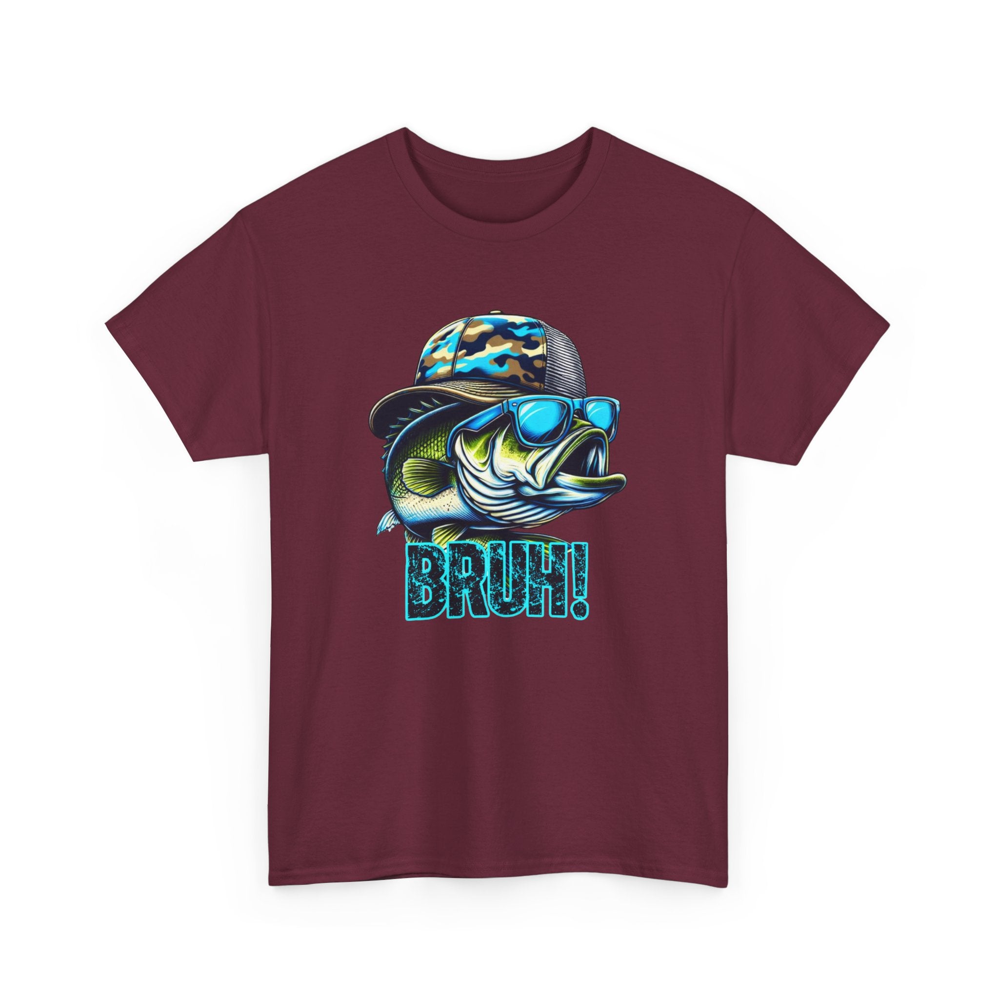 Fishing Fish Graphic Tee — 'BRUH!' Bass with Camo Hat & Sunglasses