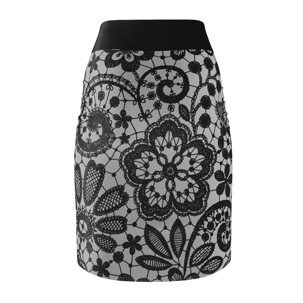 Lace Pattern Pencil Skirt — Elegant Black & White Floral Lace Print