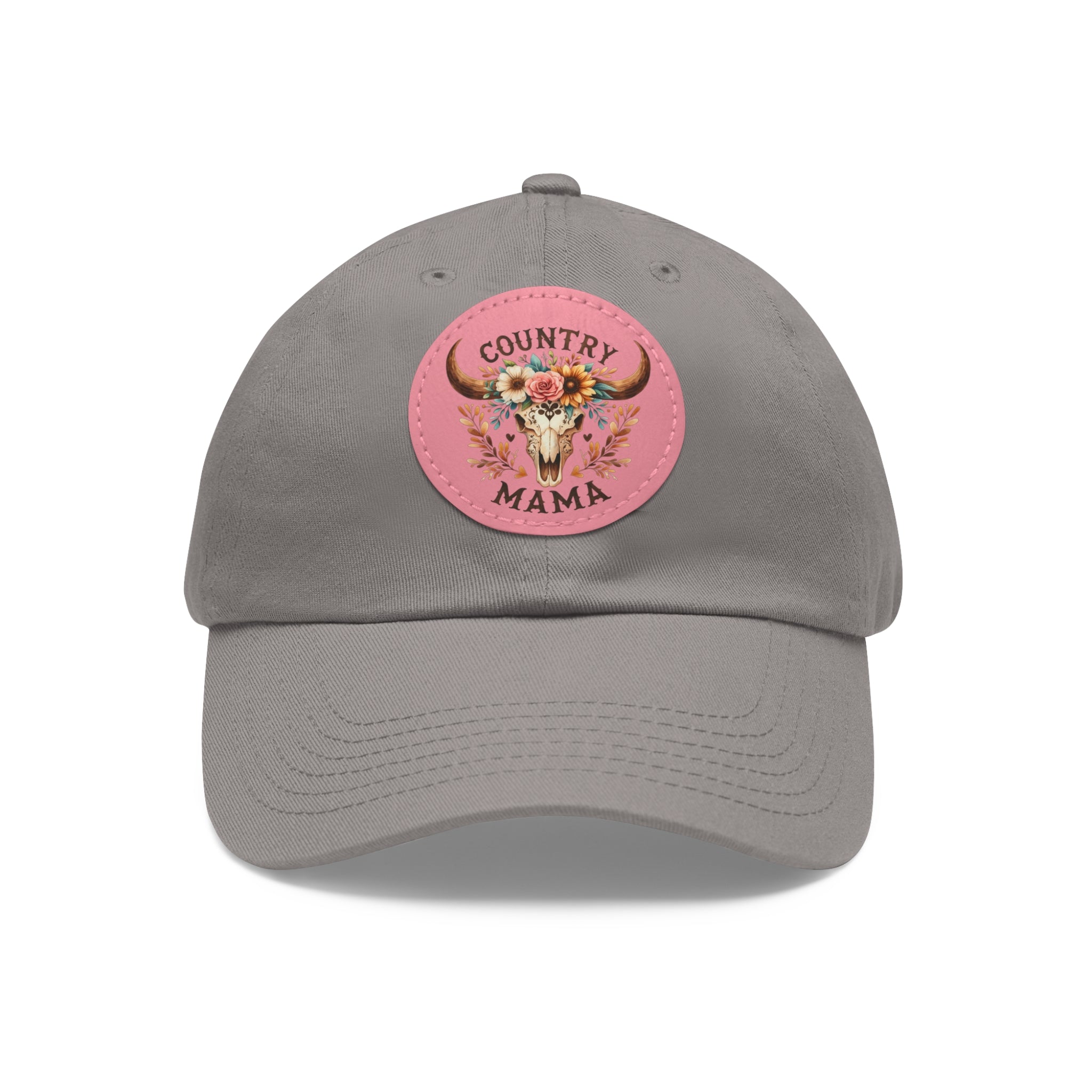 Country Mama Leather Patch Dad Hat — Floral Bull Skull Cap