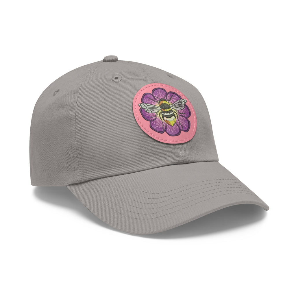 Bee on Purple Flower Leather Patch Dad Hat — Embroidered Nature Cap