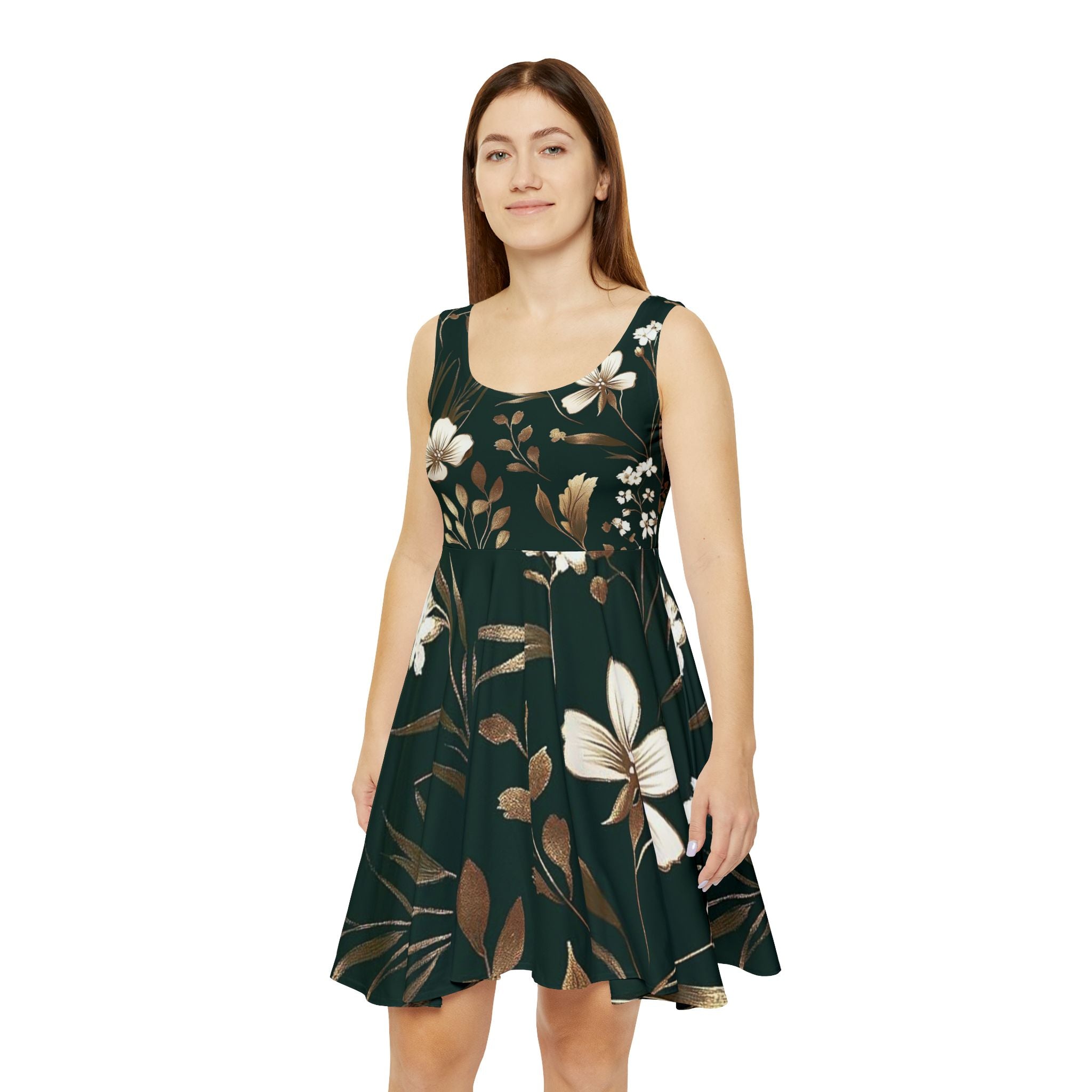 Floral Skater Dress - Dark Green Vintage Blossom Print