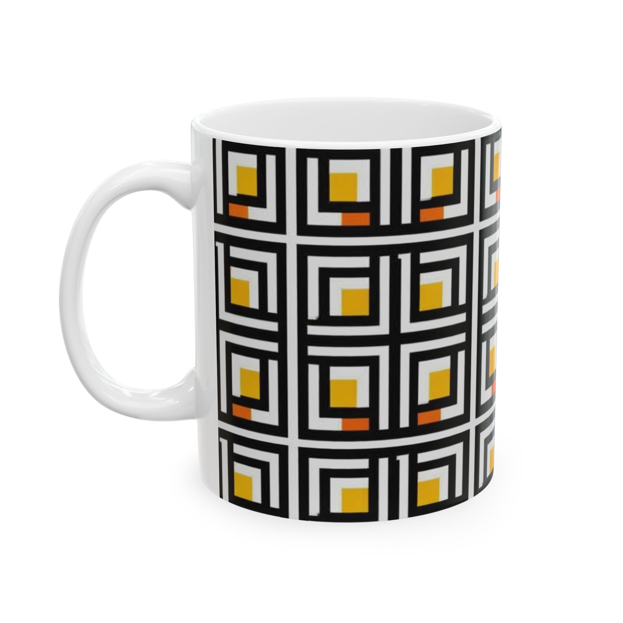 Vintage Elite Society Collection — Tile Ceramic Mug in Black, Yellow & Orange Pattern (11oz / 15oz)