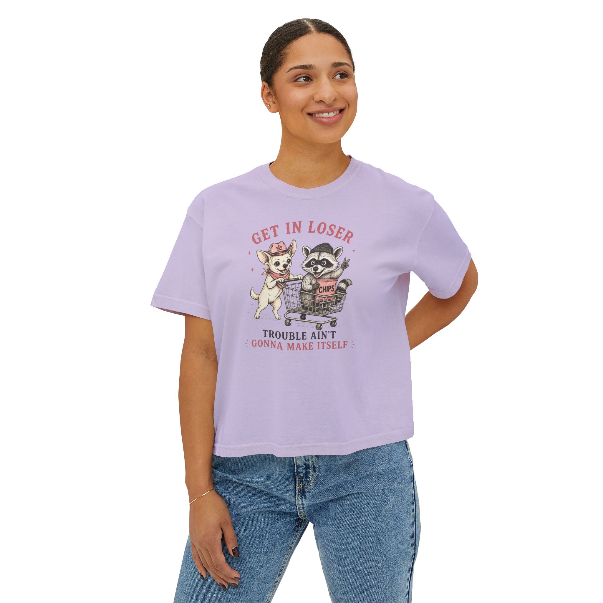 Get in Loser Tee — Cute Raccoon & Coco Dog Graphic Women’s Boxy T‑Shirt, “Trouble Ain’t Gonna Make Itself”