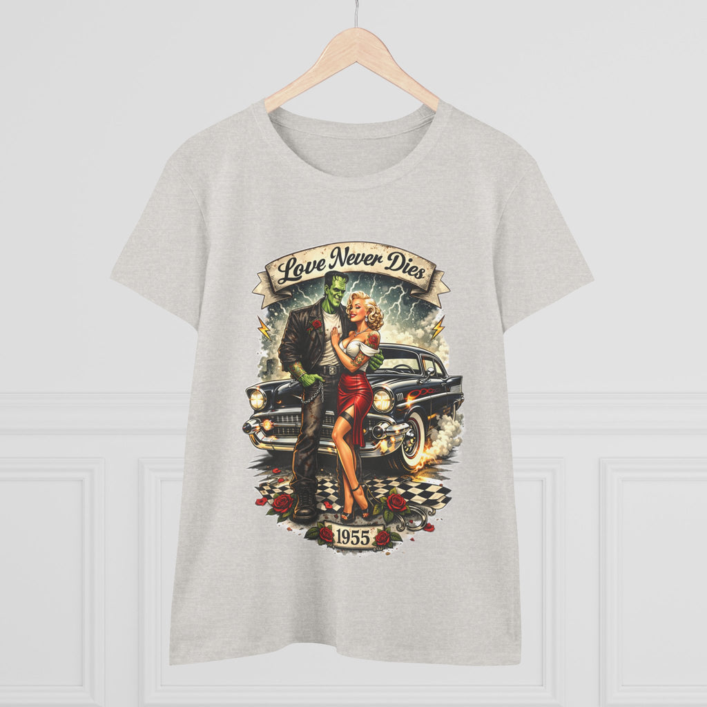 1955 Pinup Car Tee – "Love Never Dies" Vintage Rockabilly T-Shirt  LADIES