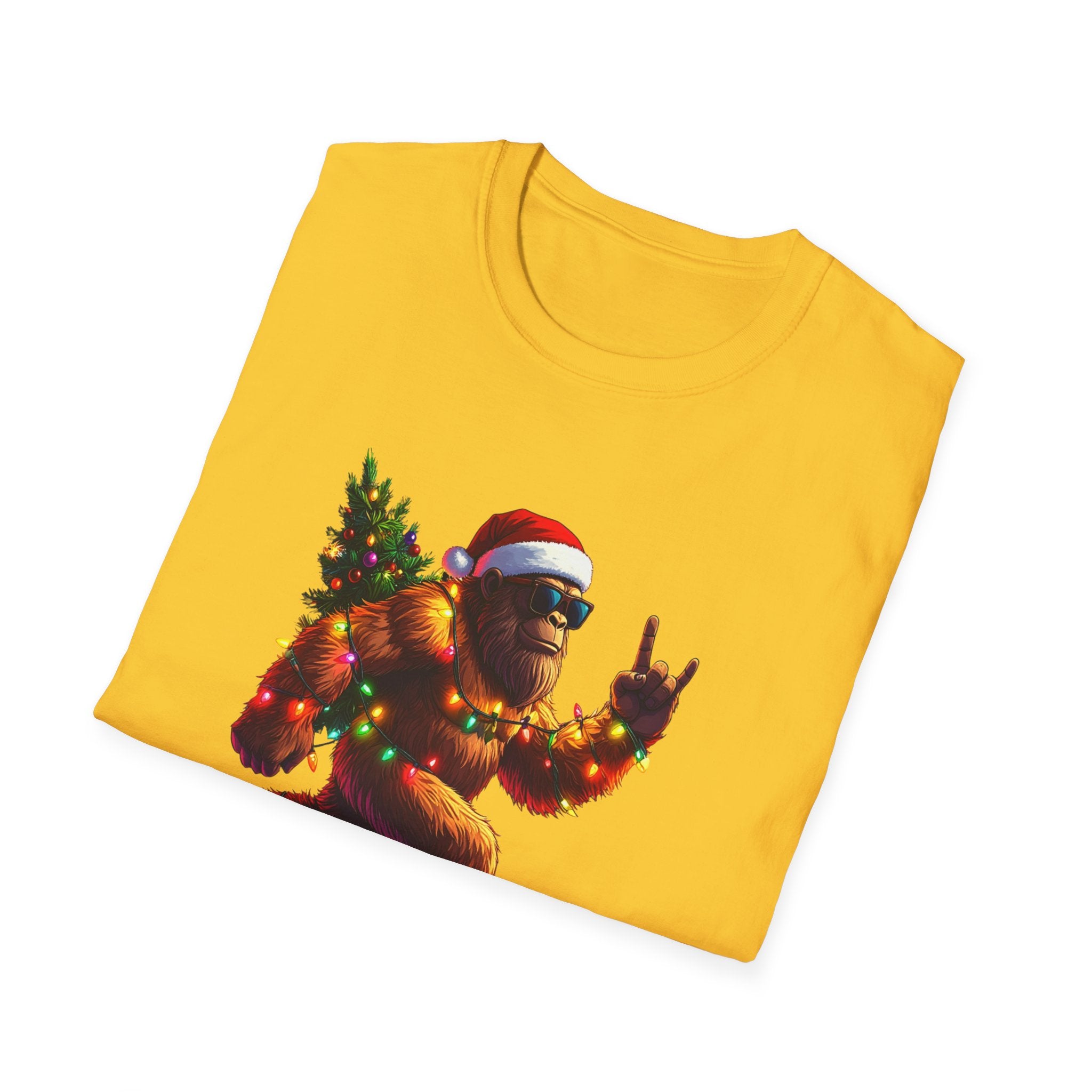 Christmas Sasquatch T-Shirt Festive Bigfoot with Santa Hat & Tree     Trendy TShirt