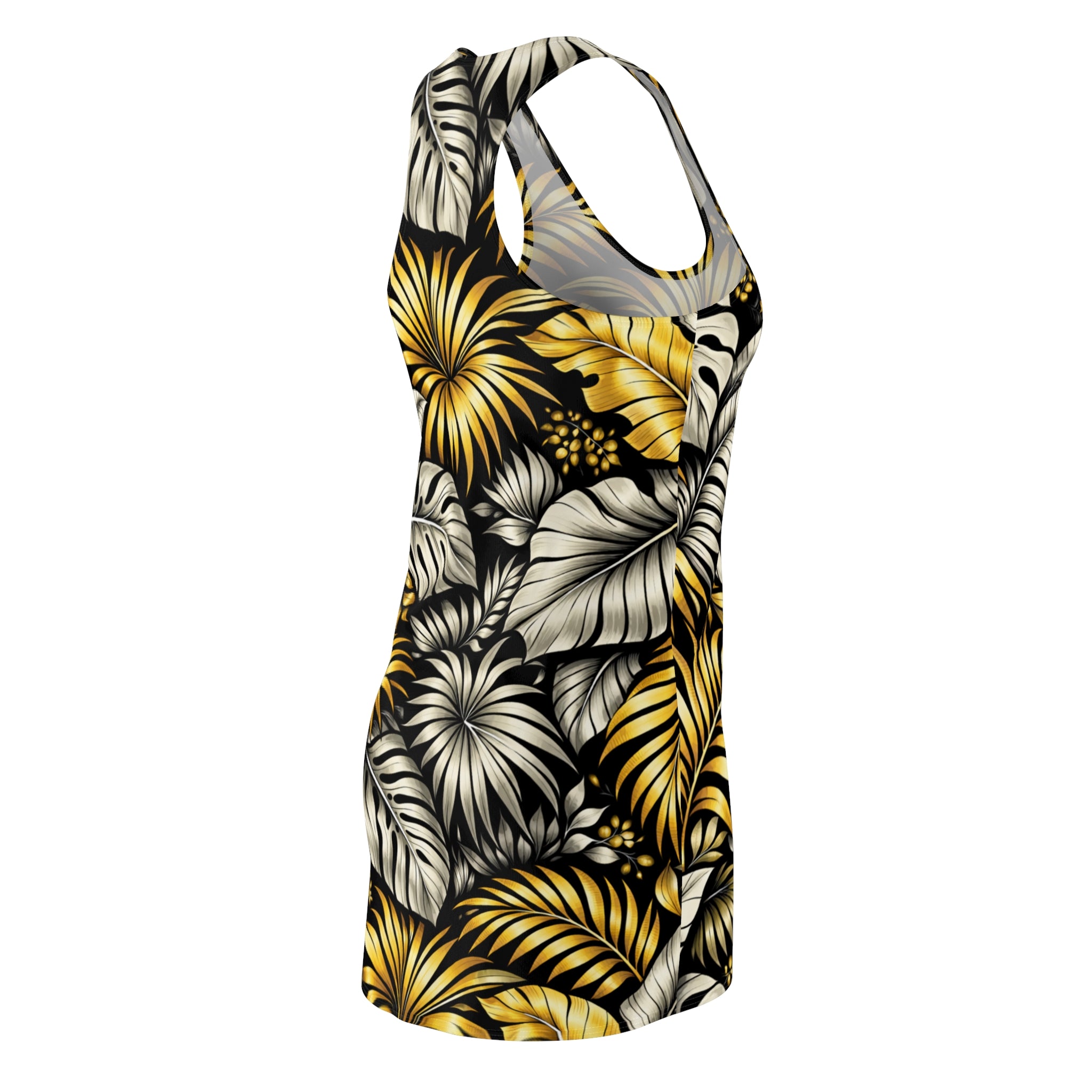 Tropical Gold Leaf Racerback Dress – Floral All-Over Print