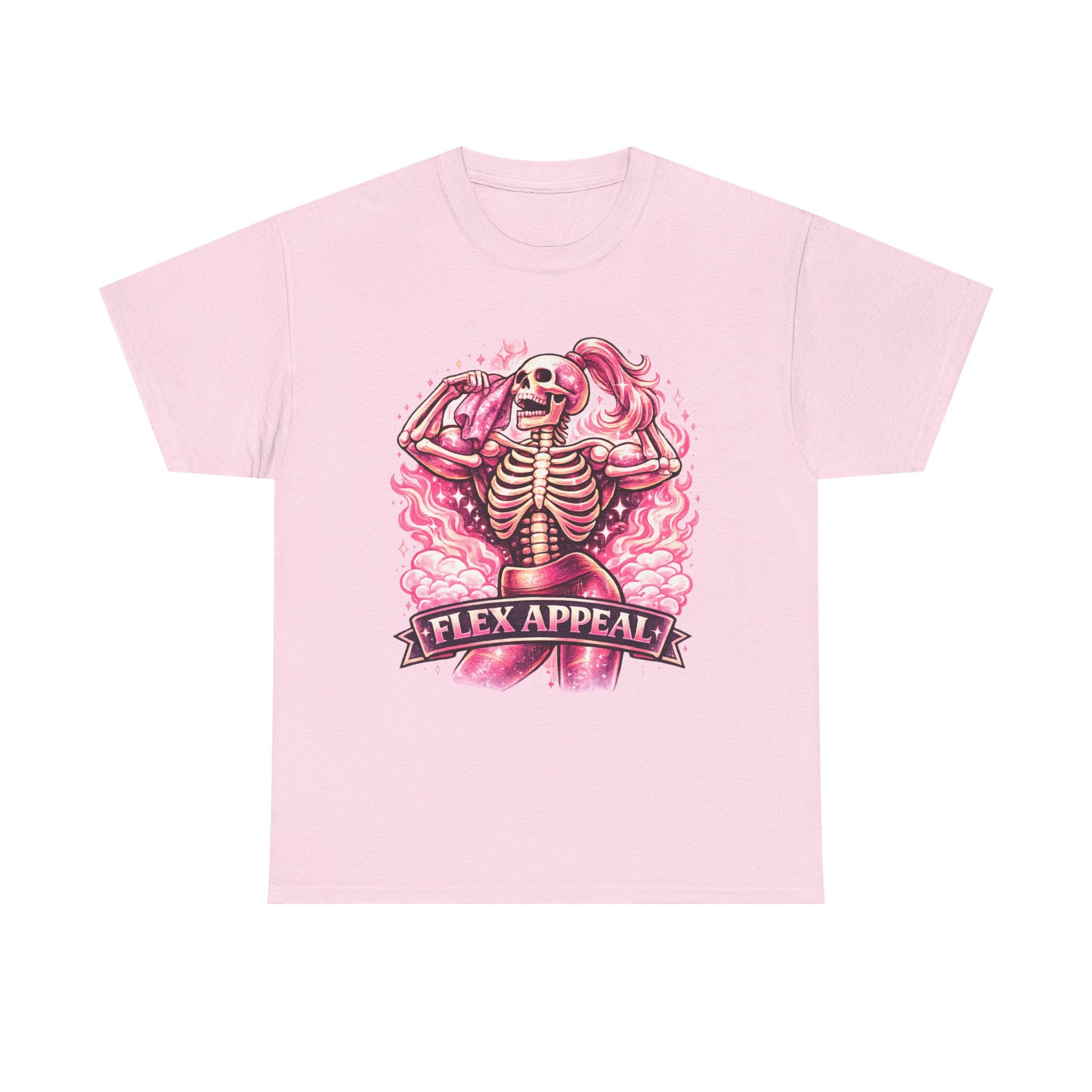 Flex Appeal Skeleton Tee — Pink Retro Gym Humor T‑Shirt
