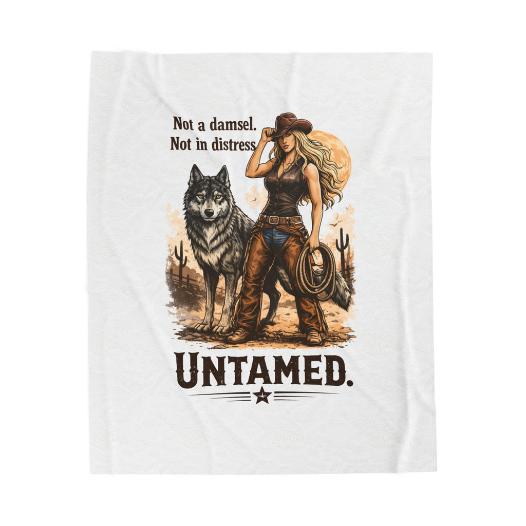 Velveteen Blanket — "Untamed" Cowgirl with Wolf Plush Throw (Not a Damsel, Not in Distress)