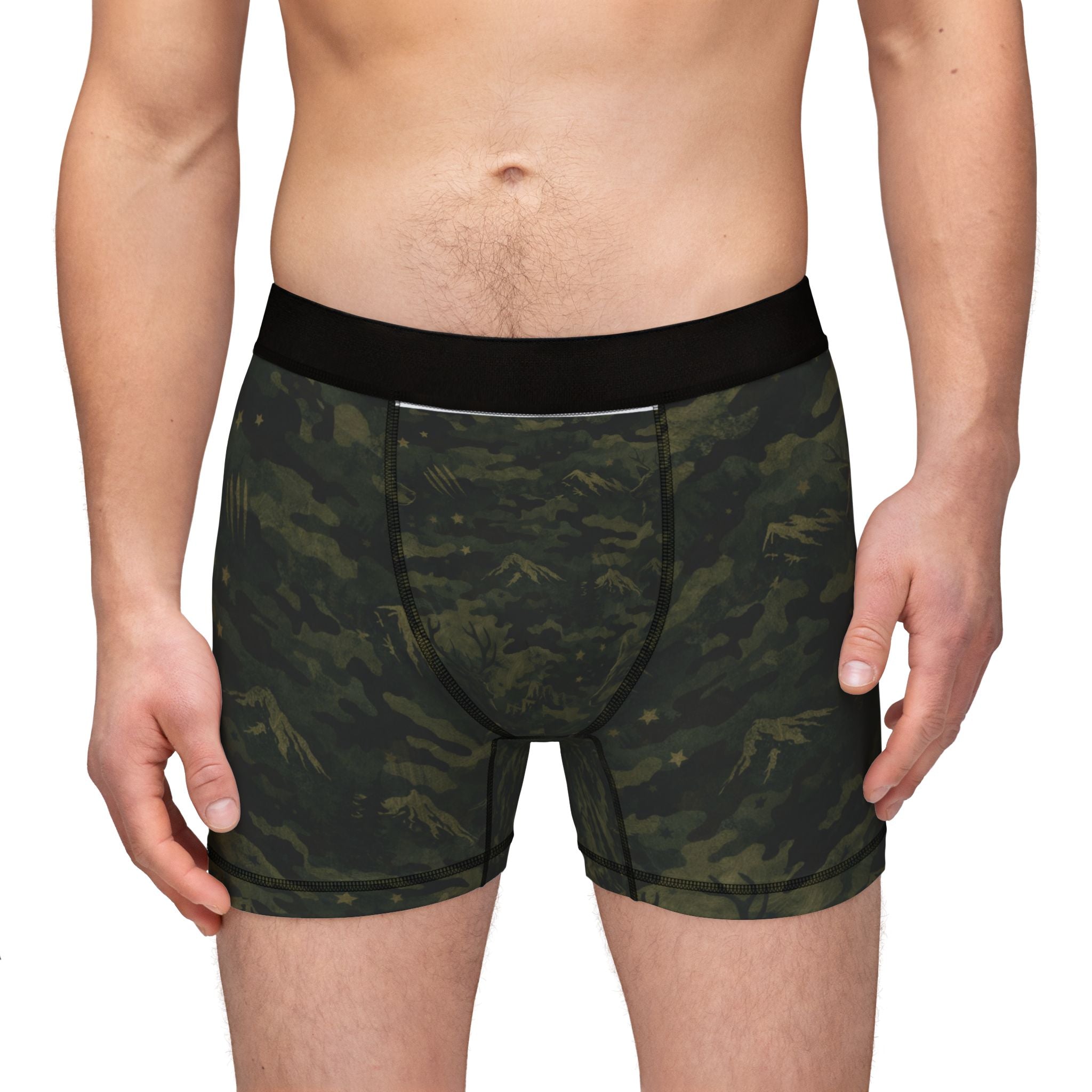 Mens Modern Woodland Camouflage Men's Boxer Shorts — Olive Camo All-Over Print
