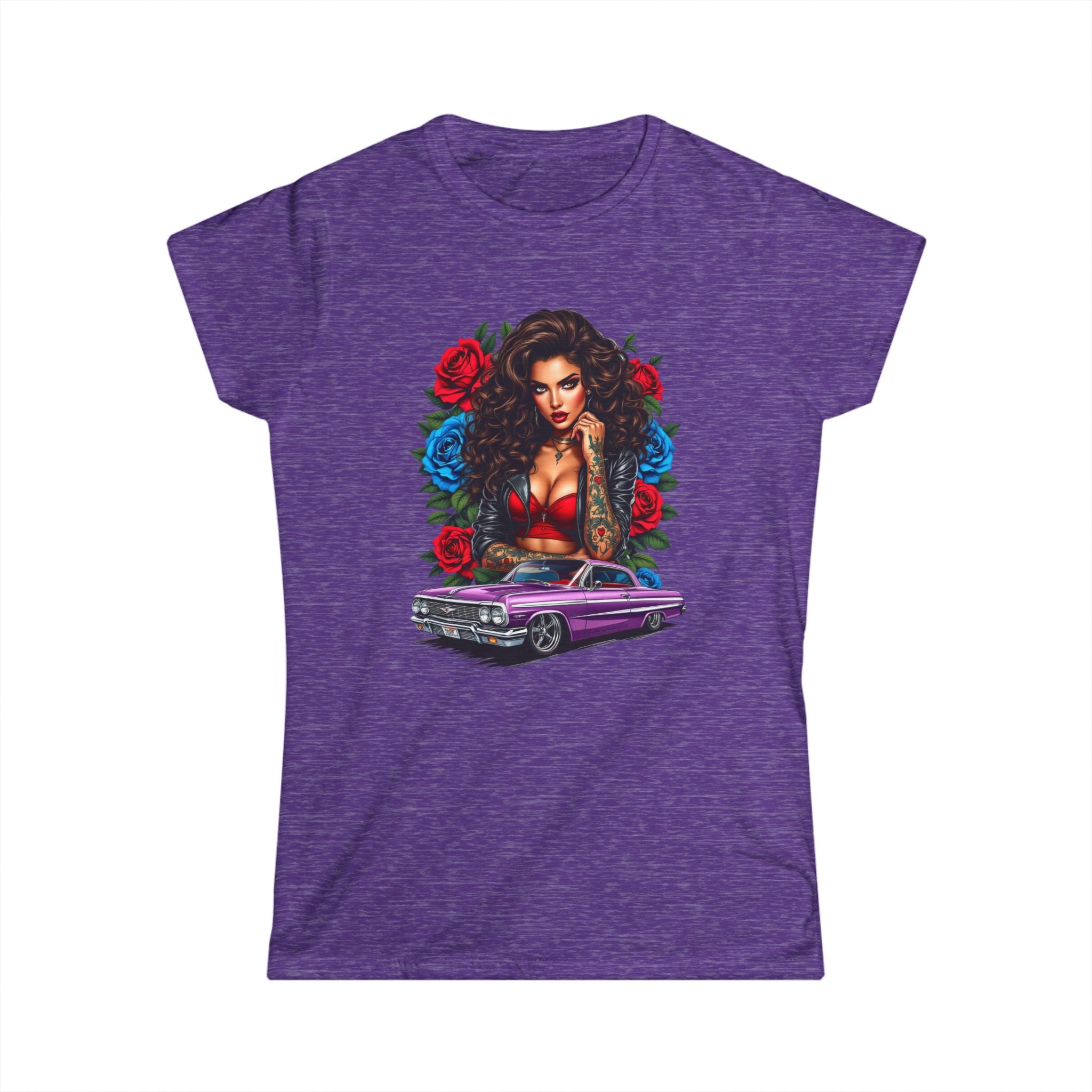 Lowrider Pinup Tee — Chicana Girl, Roses & Purple Classic Car Graphic Shirt Ladies