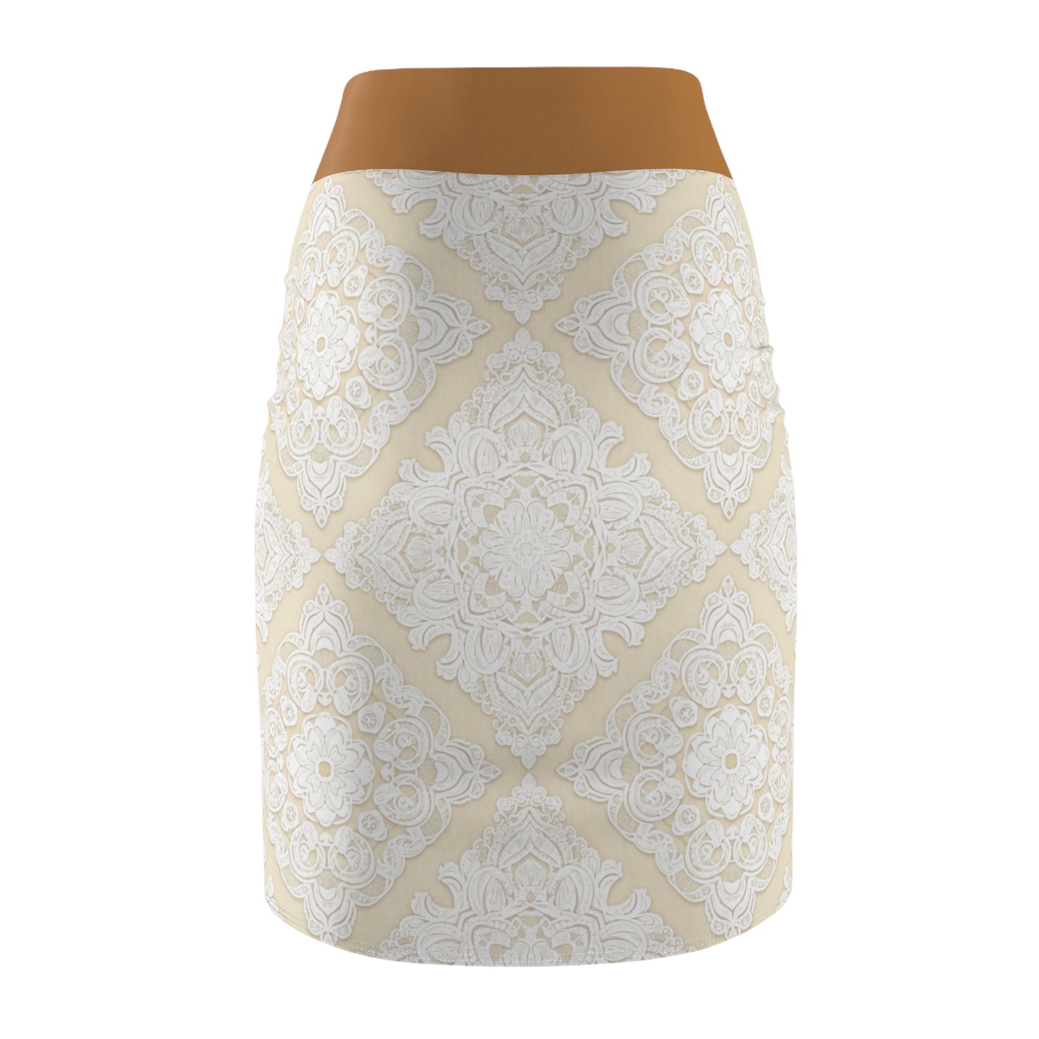 Classic Lace Medallion Pencil Skirt — Cream Vintage Floral Pattern